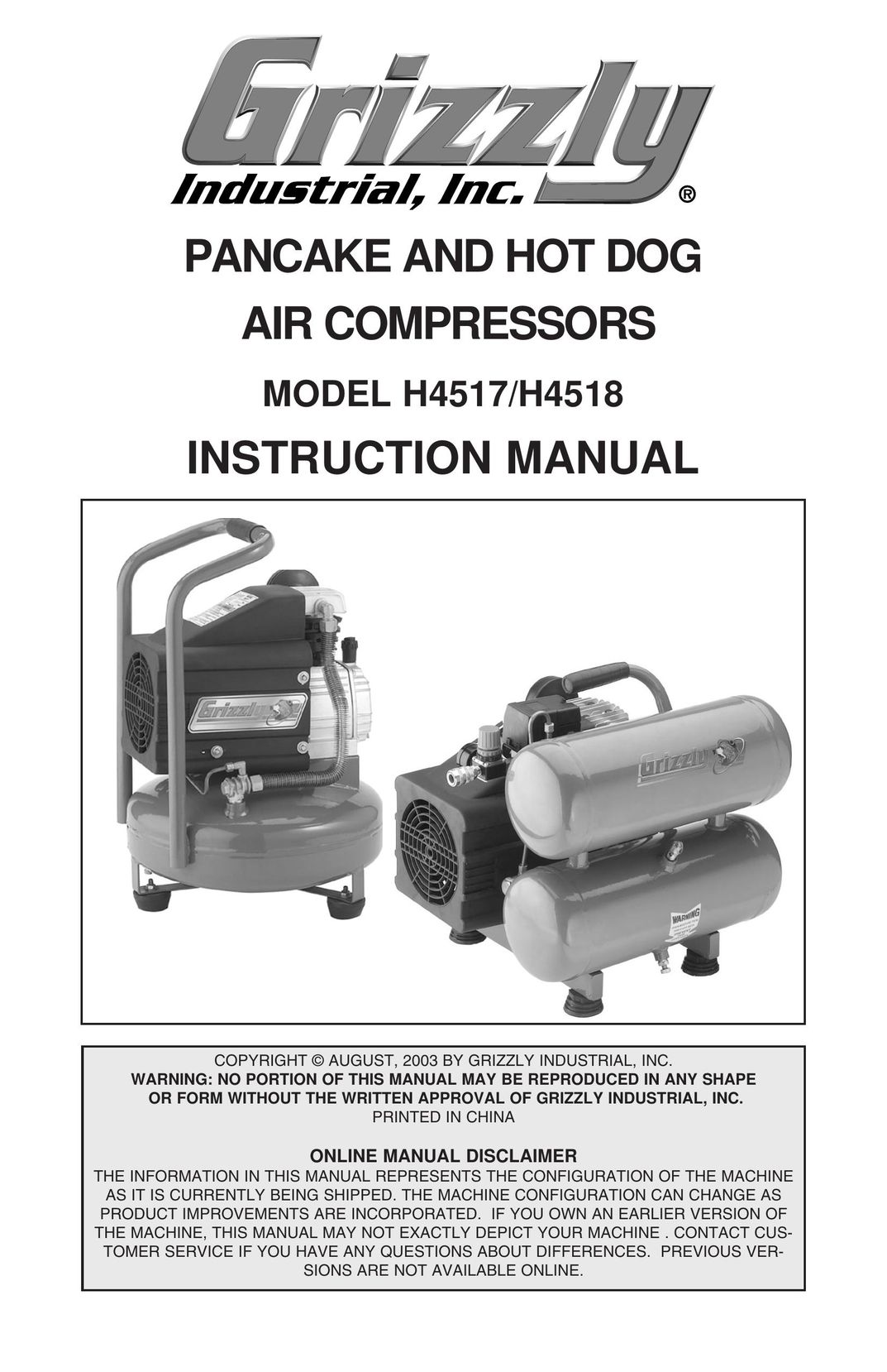 Grizzly H4517/H4518 Air Compressor User Manual