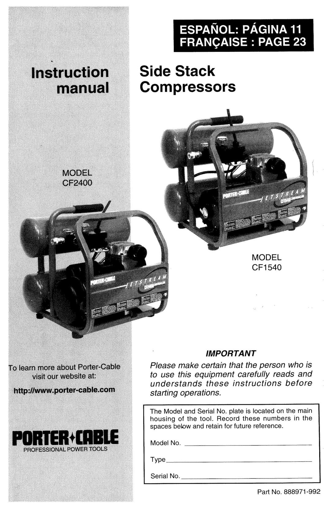 Porter-Cable 888971-992 Air Compressor User Manual