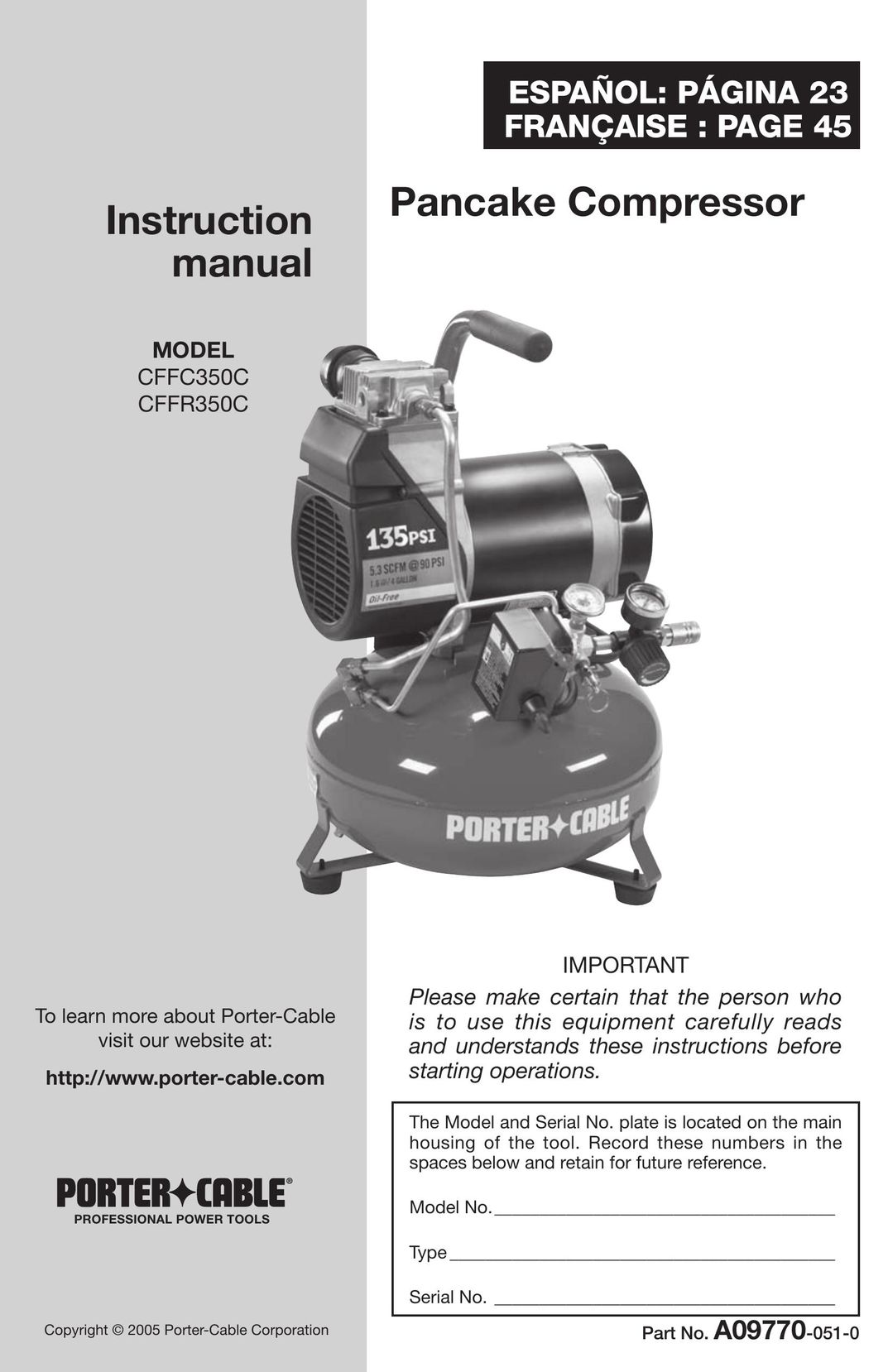 Porter-Cable CFFC350C Air Compressor User Manual