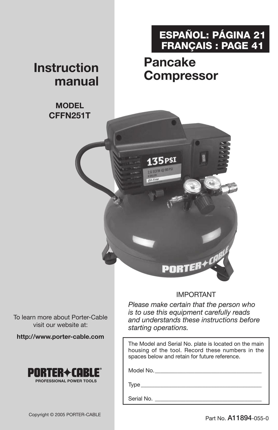 Porter-Cable CFFN251T Air Compressor User Manual