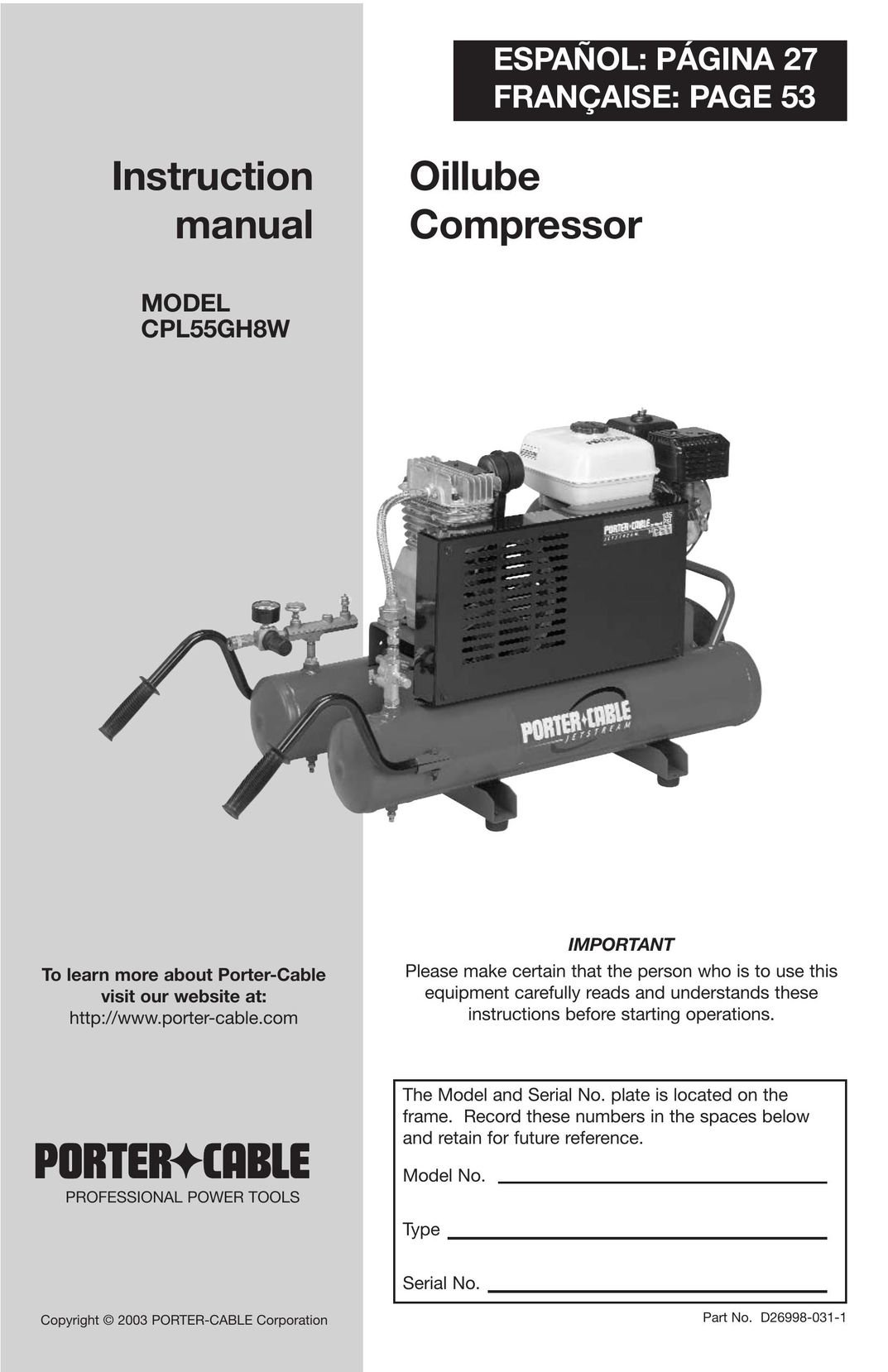 Porter-Cable CPL55GH8W Air Compressor User Manual