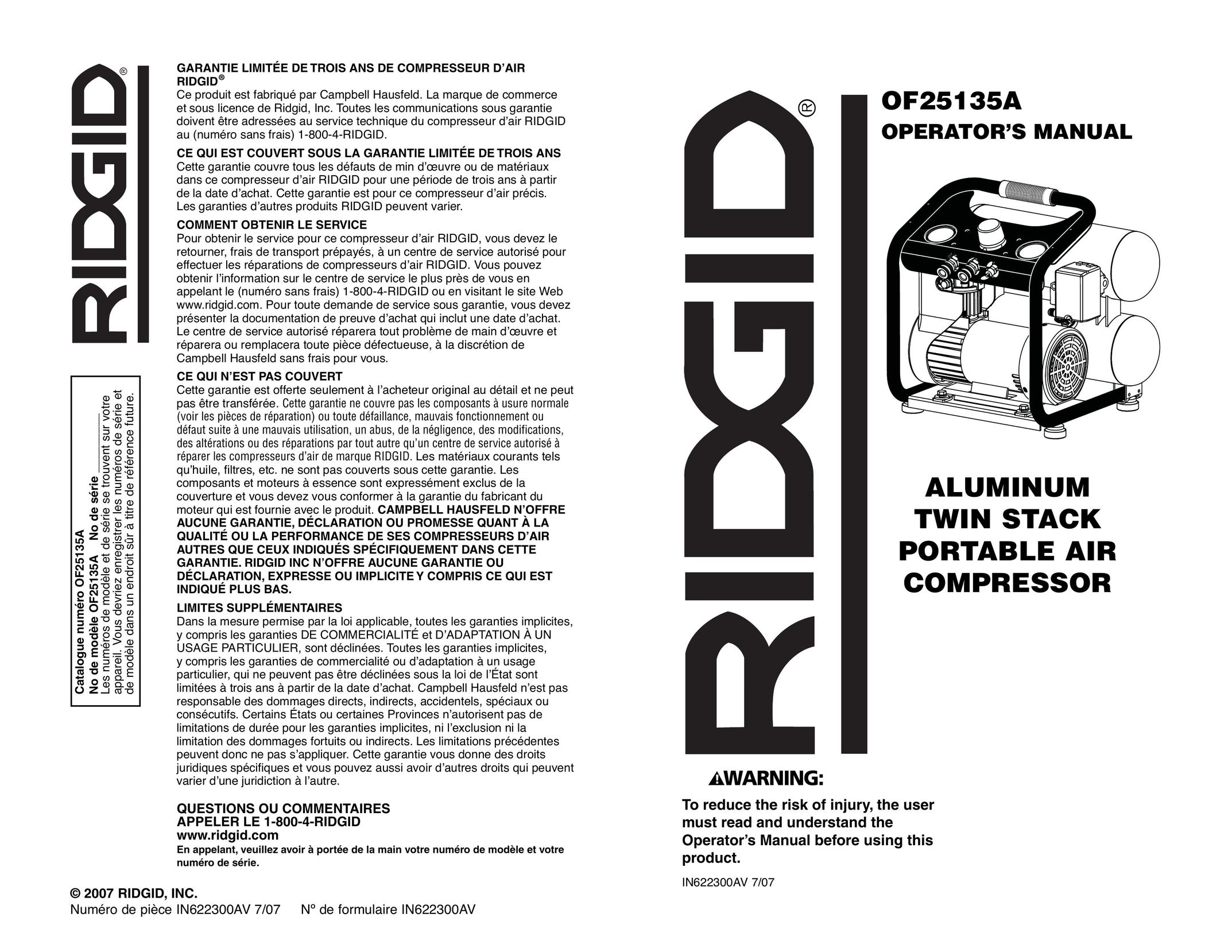 RIDGID OF25135A Air Compressor User Manual