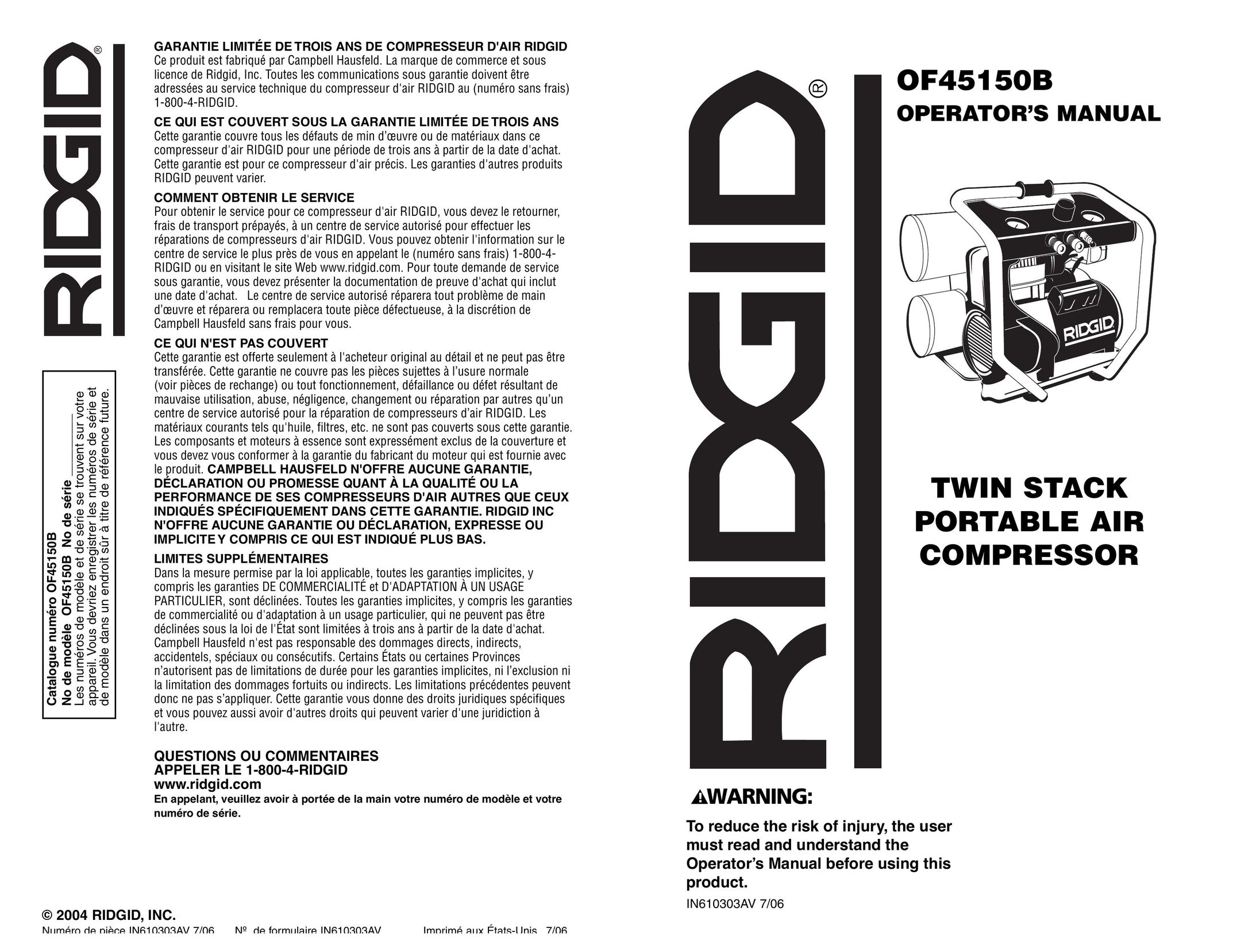 RIDGID OF45150B Air Compressor User Manual