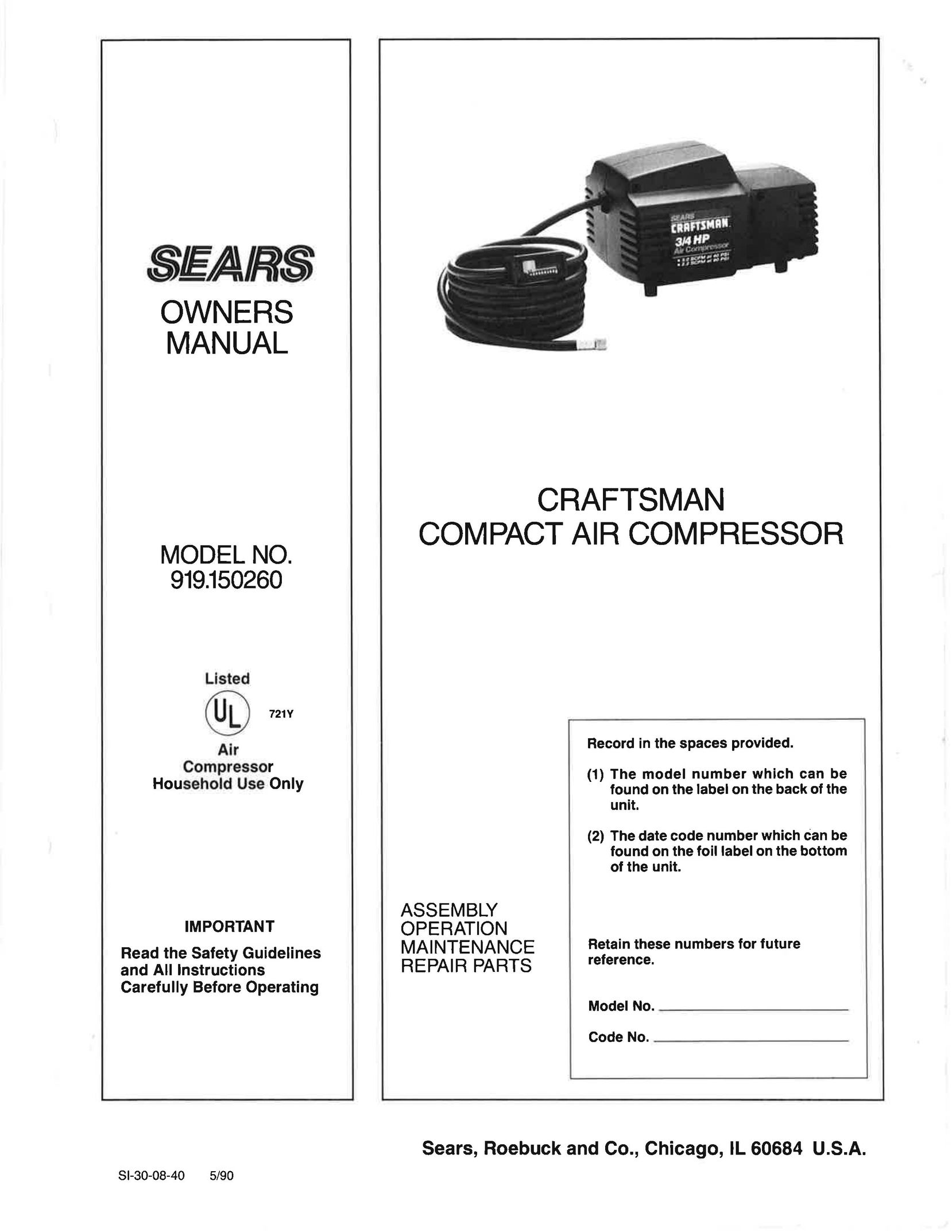 Sears 919.150260 Air Compressor User Manual