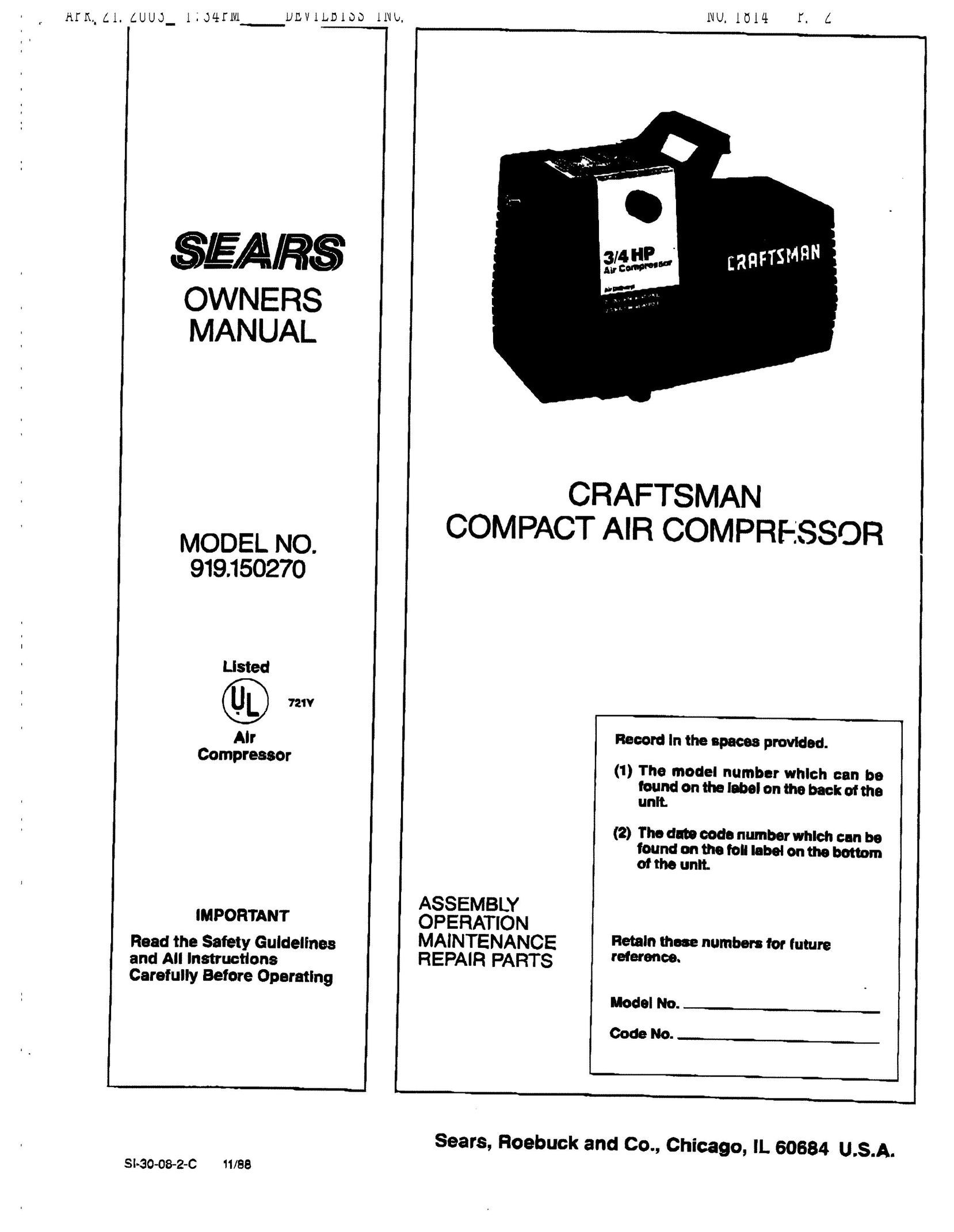 Sears 919.150270 Air Compressor User Manual
