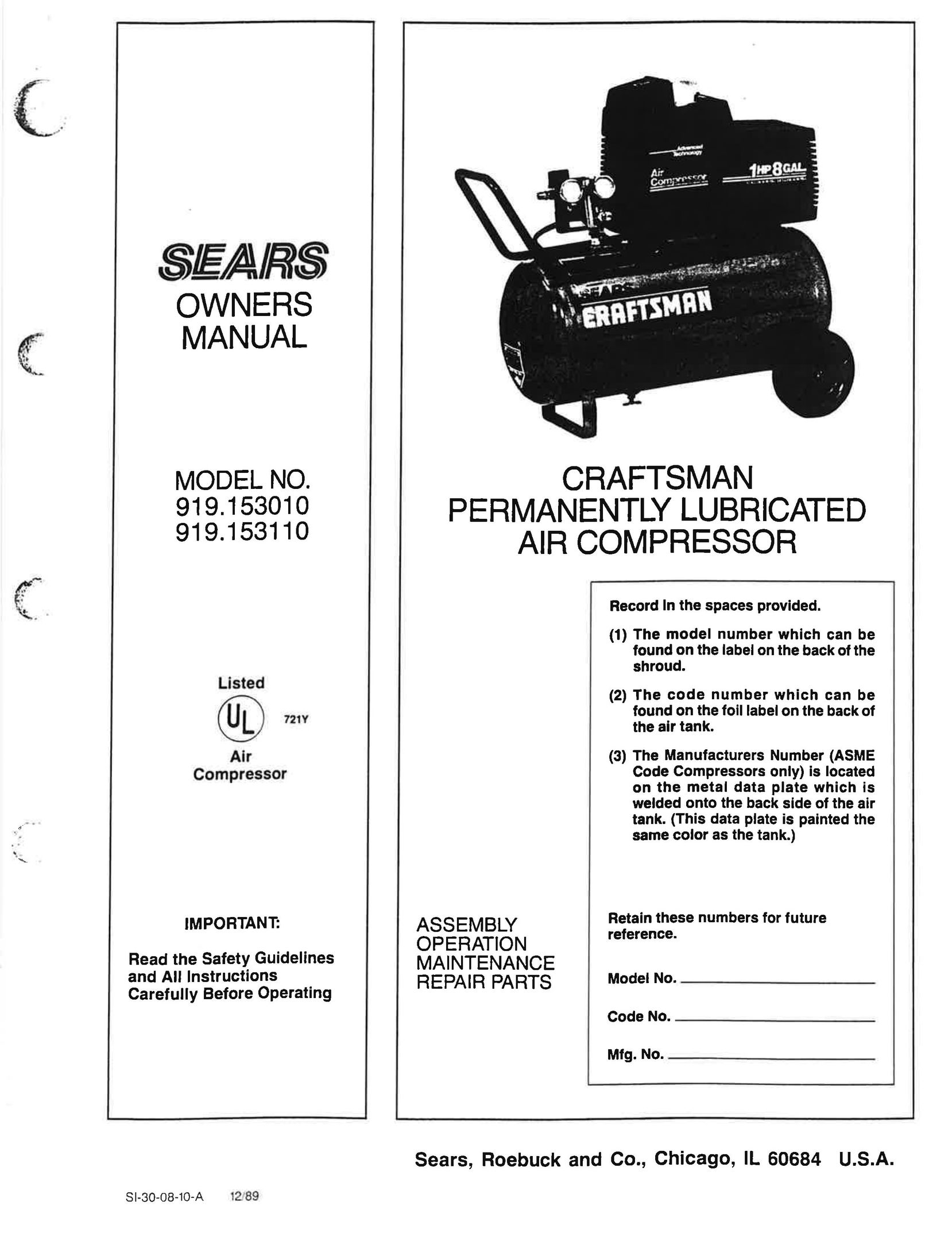 Sears 919.153010 Air Compressor User Manual