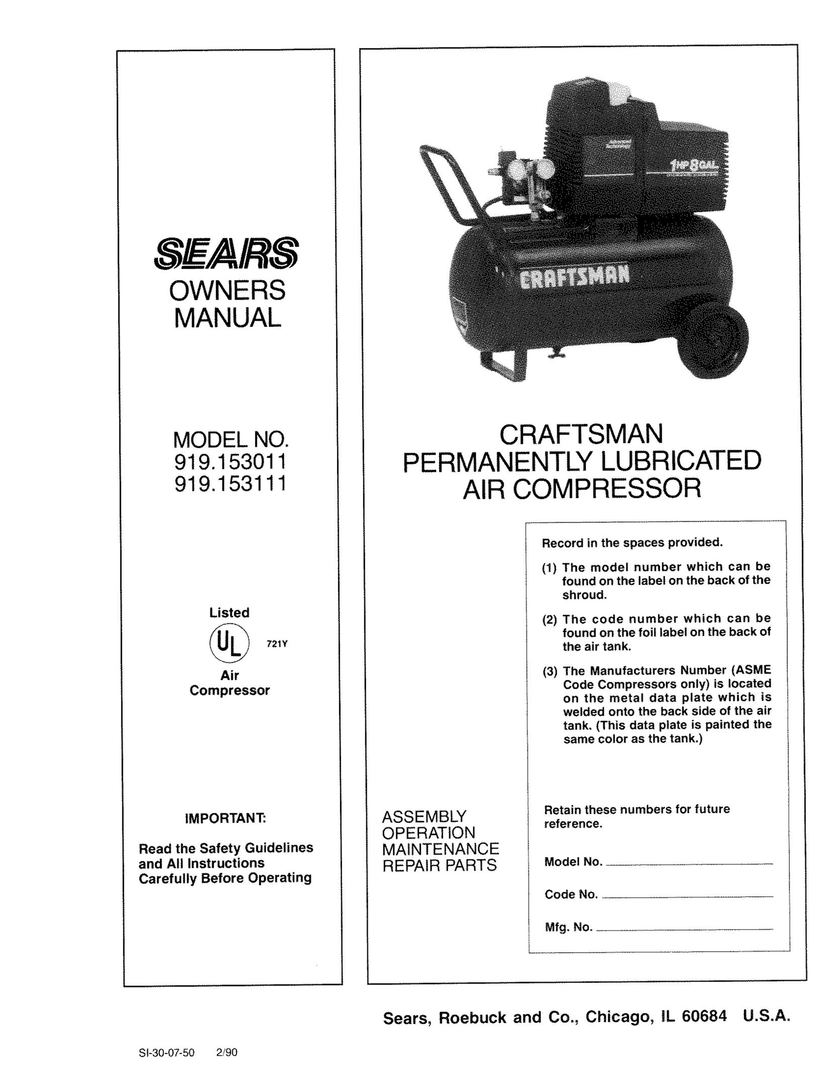 Sears 919.153011 Air Compressor User Manual