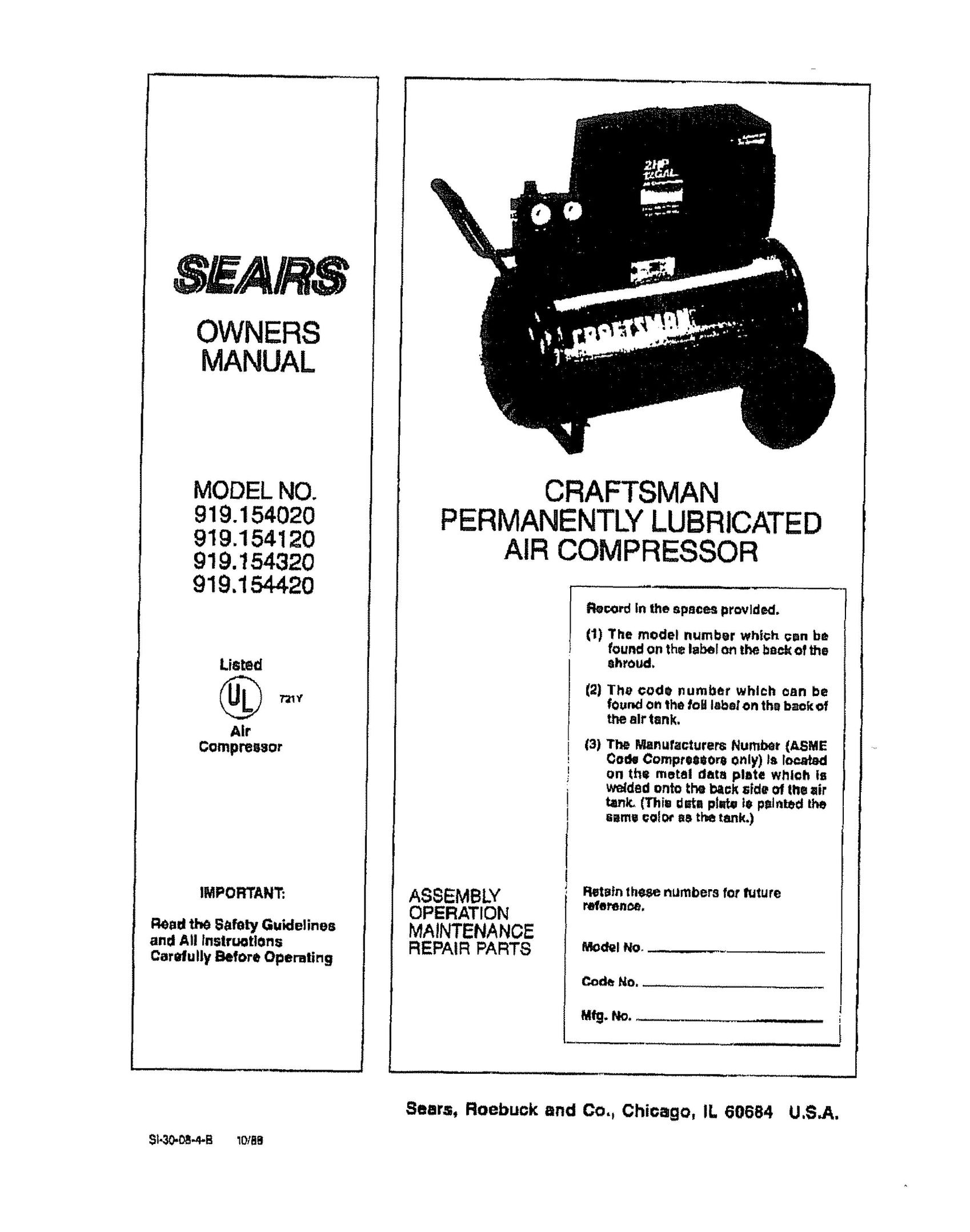 Sears 919.15412 Air Compressor User Manual