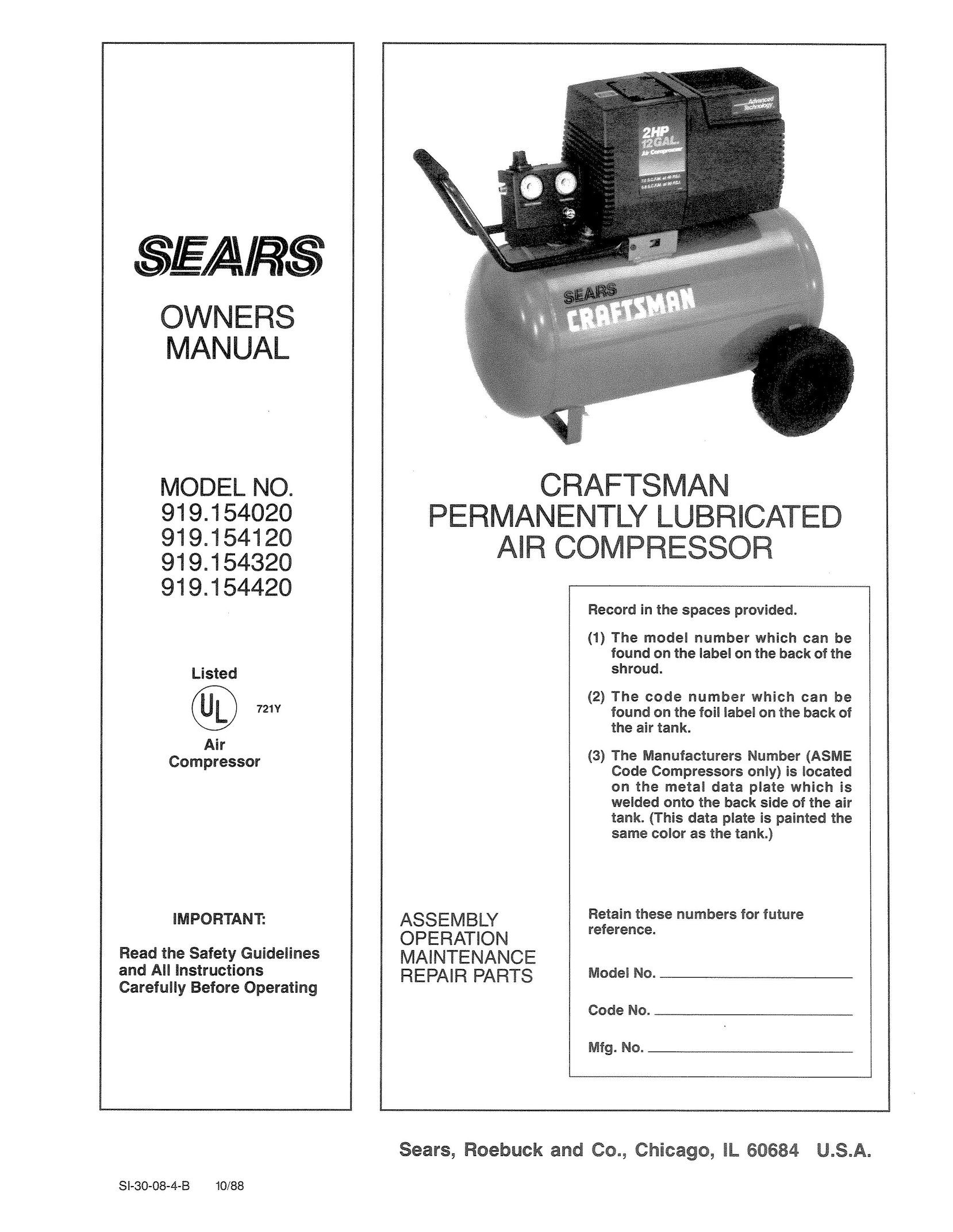 Sears 919.154320 Air Compressor User Manual