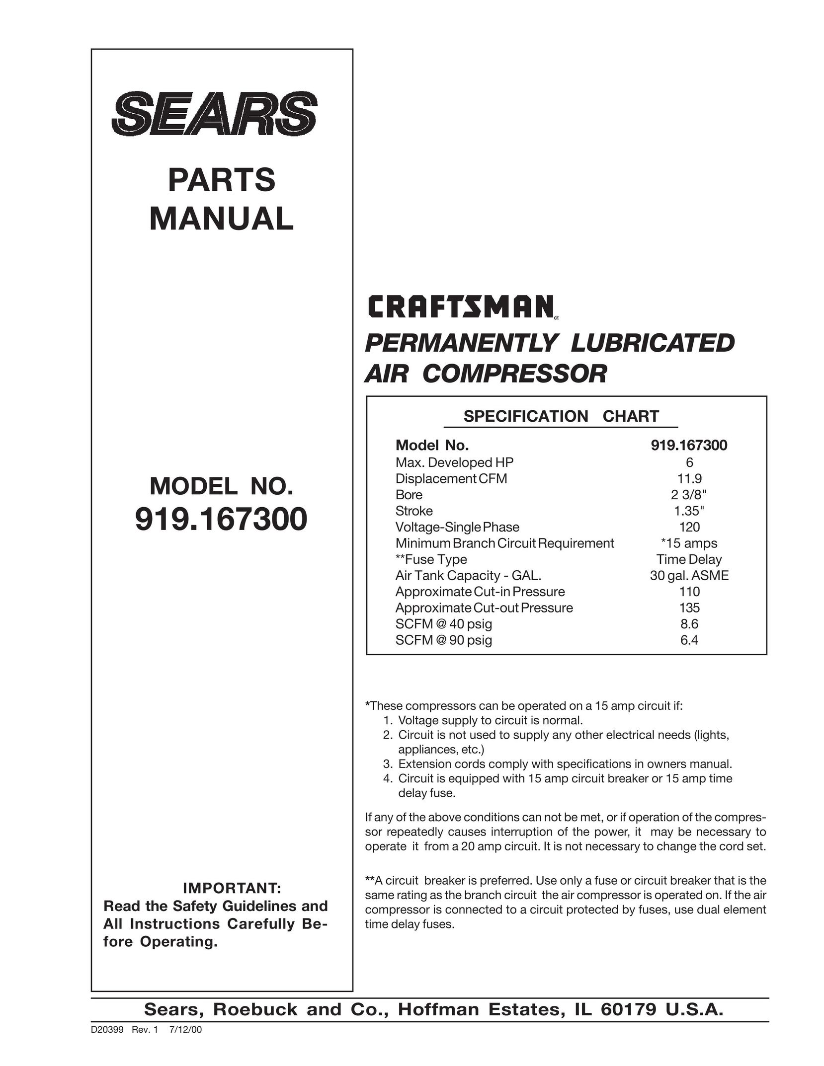 Sears 919.1673 Air Compressor User Manual