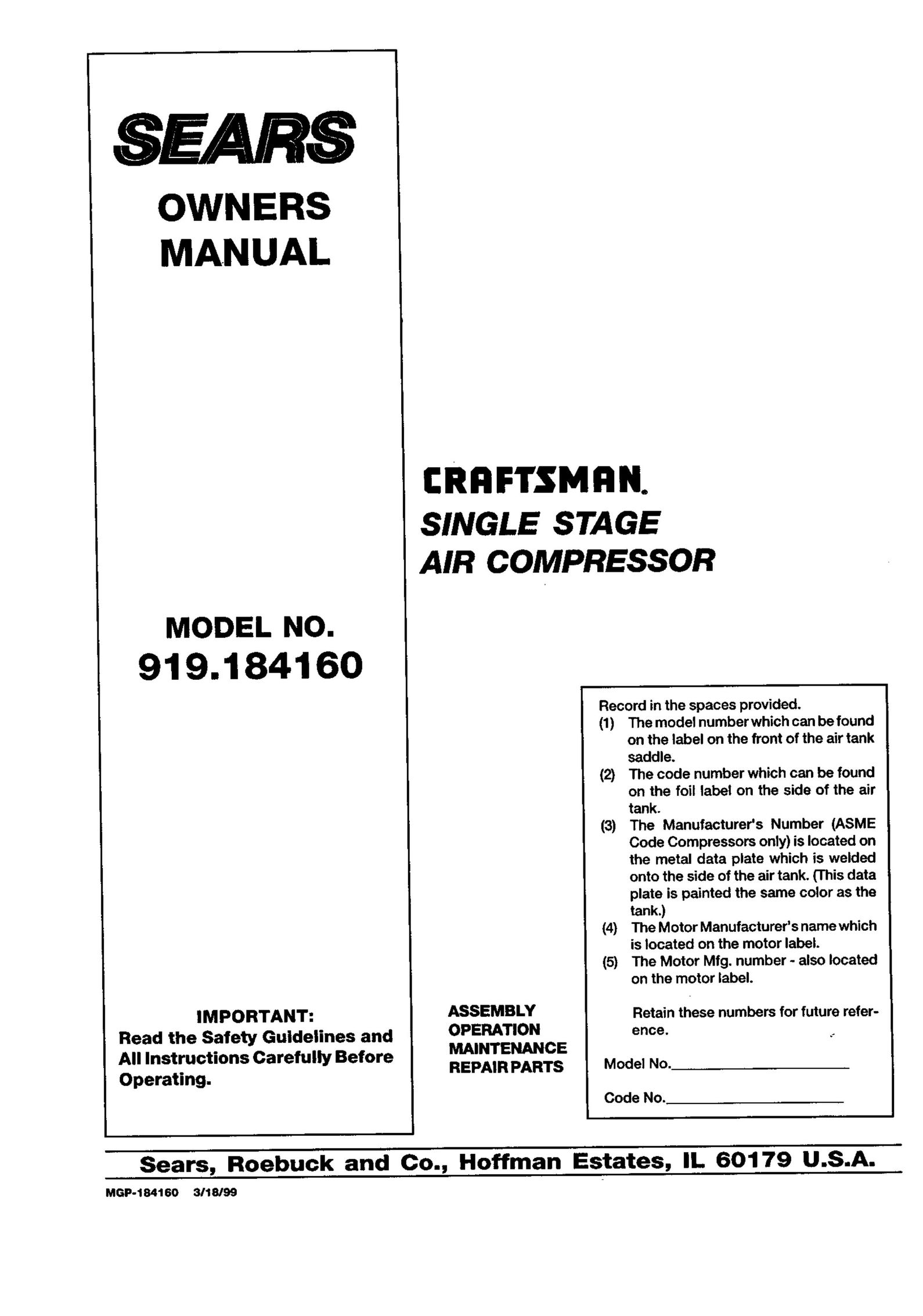 Sears 919.18416 Air Compressor User Manual