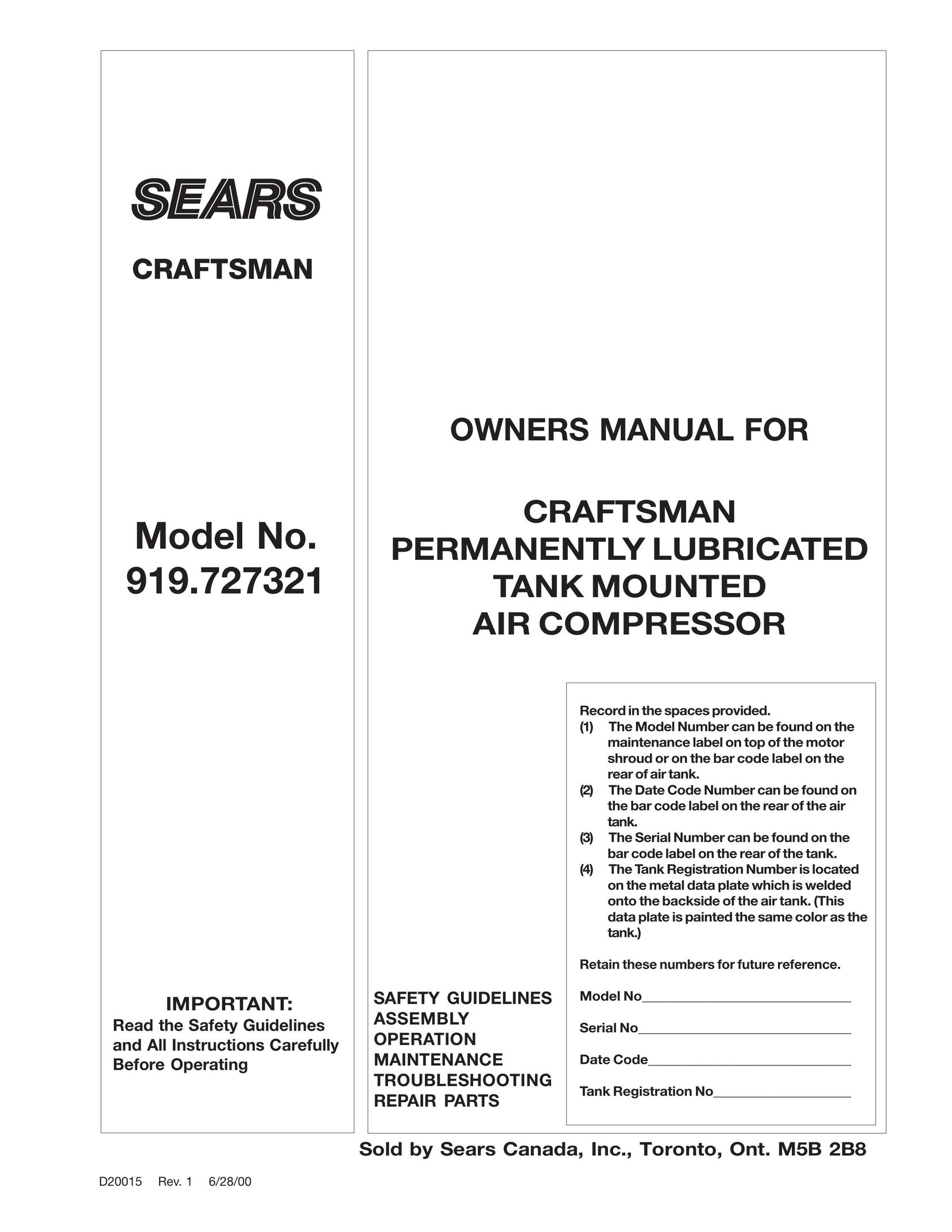 Sears 919.727321 Air Compressor User Manual