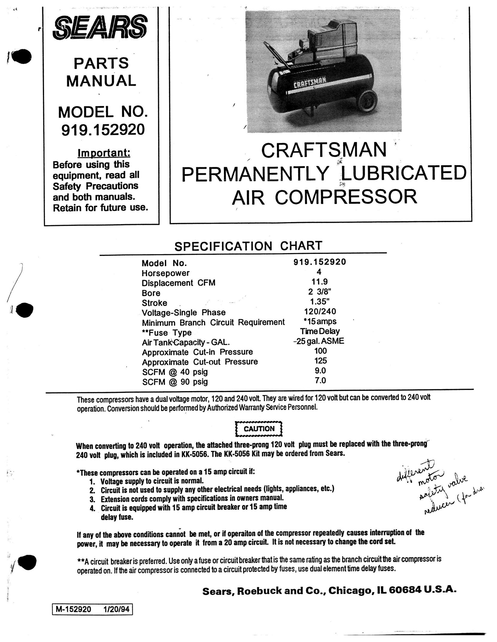 Sears 919152920 Air Compressor User Manual