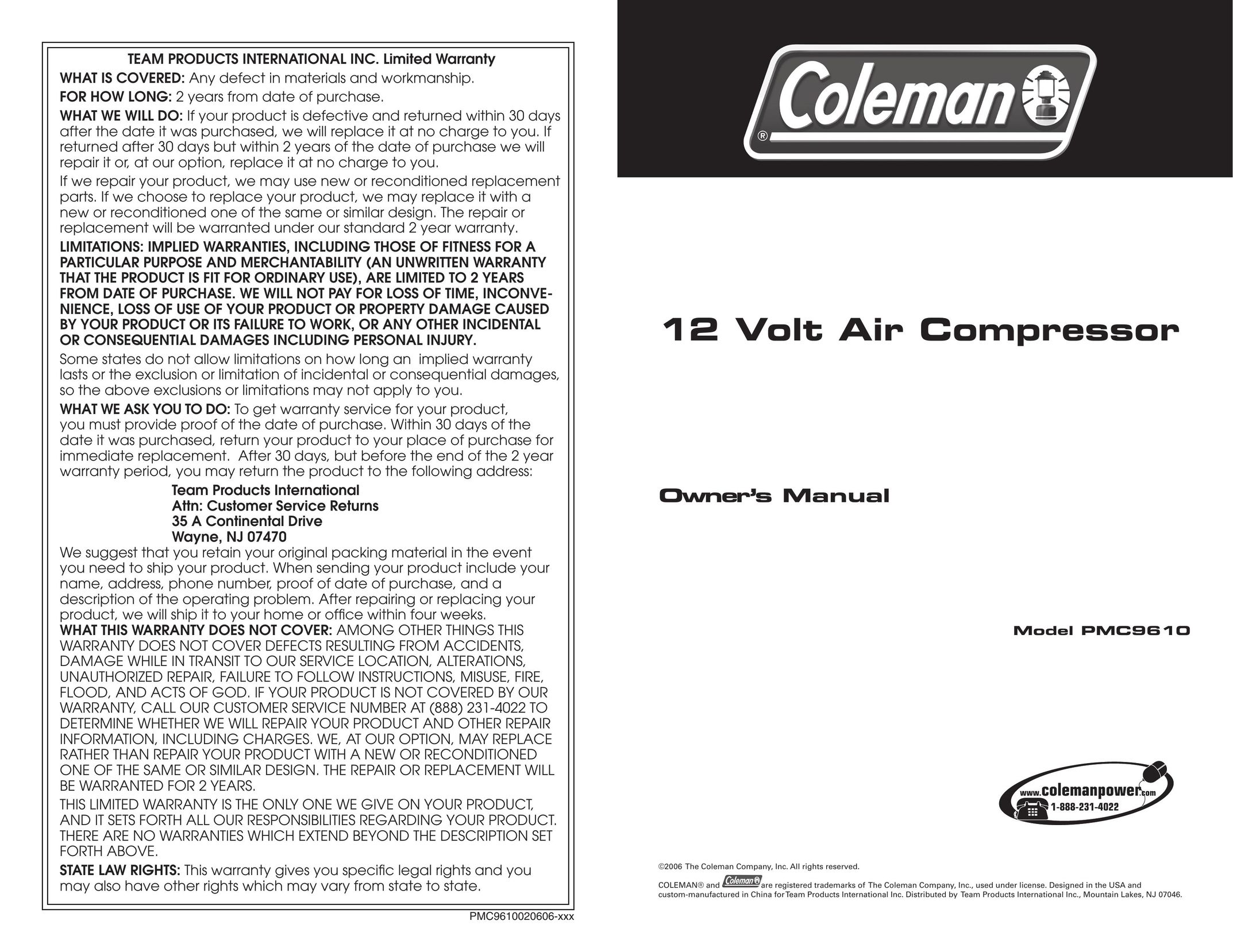 Team Products PMC9610 Air Compressor User Manual