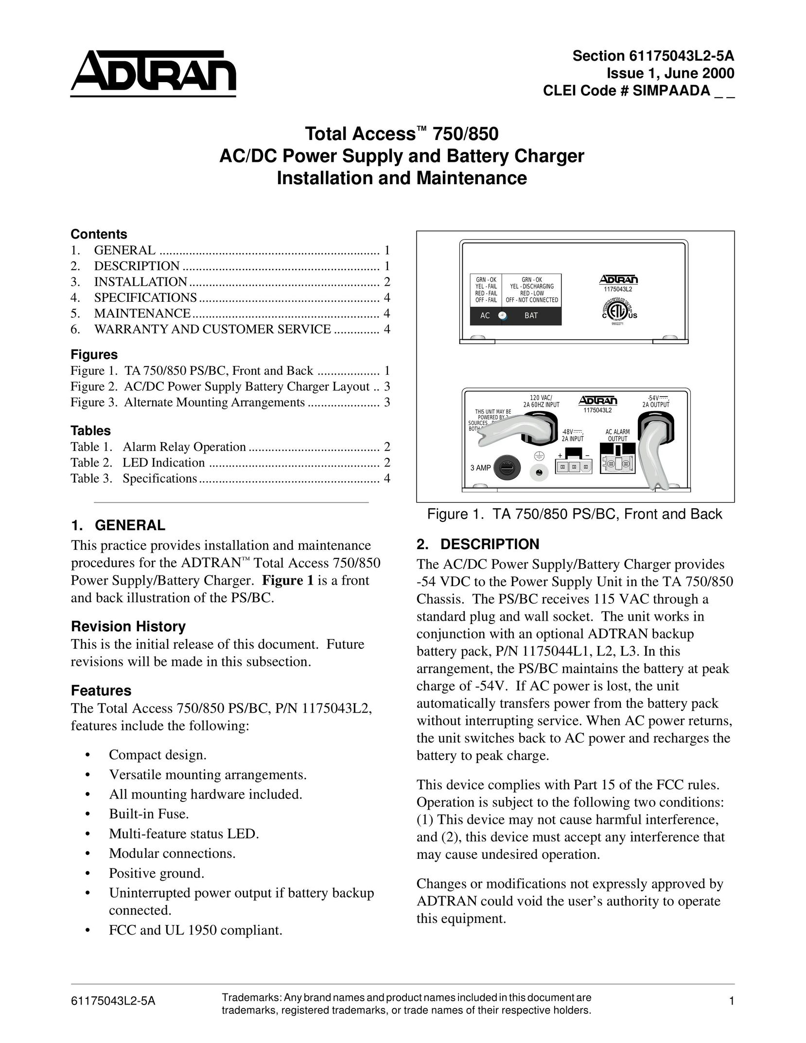 ADTRAN 750 Battery Charger User Manual