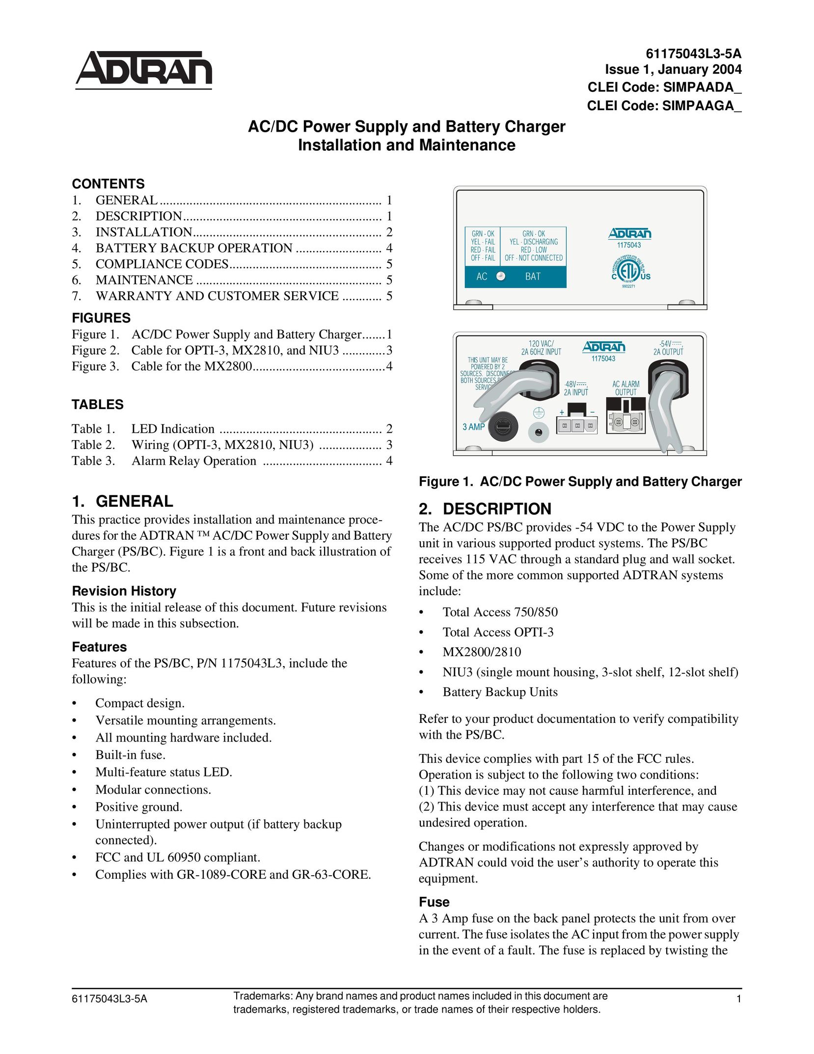 ADTRAN NIU3 Battery Charger User Manual