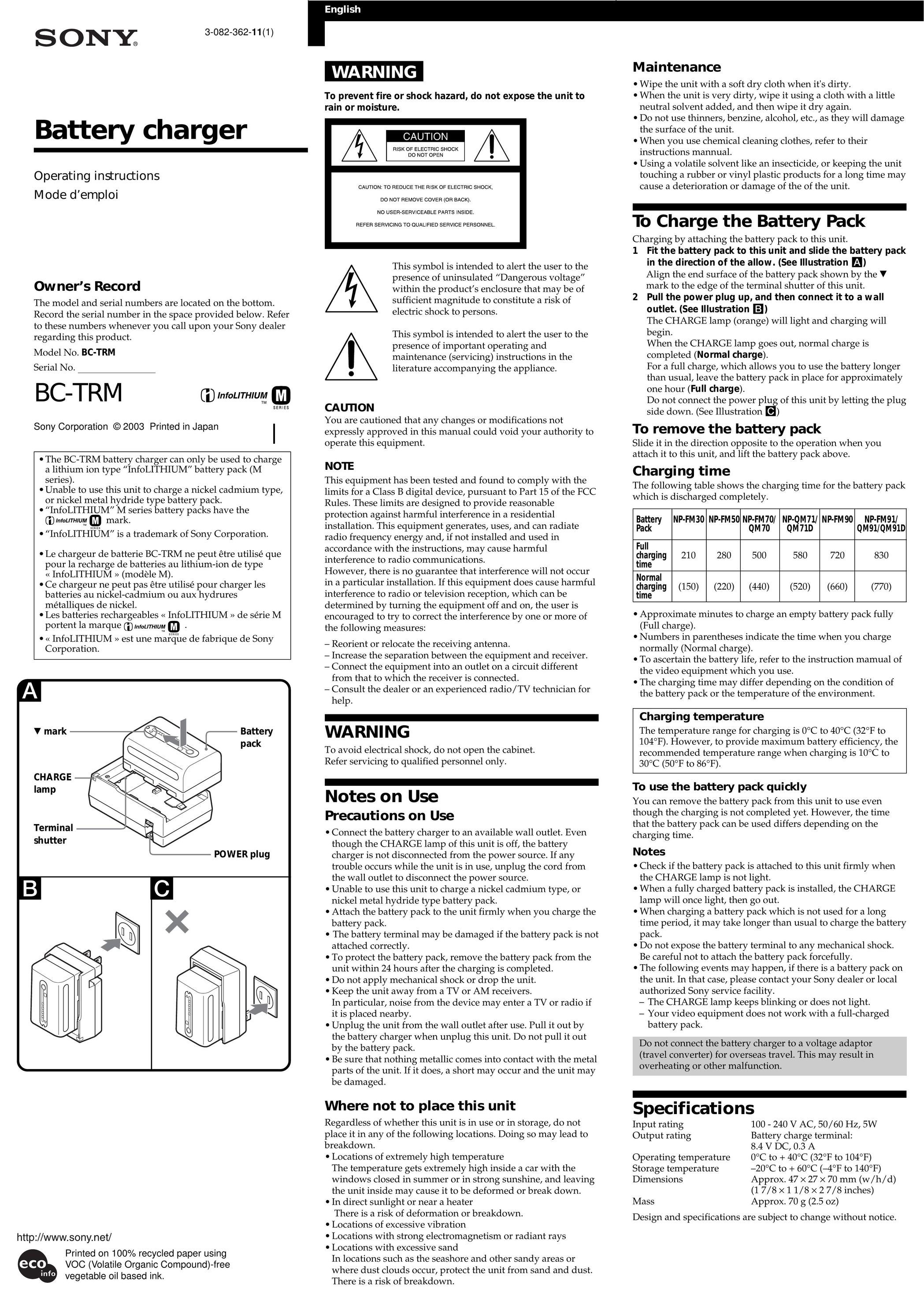 Amana BC-TRM Battery Charger User Manual