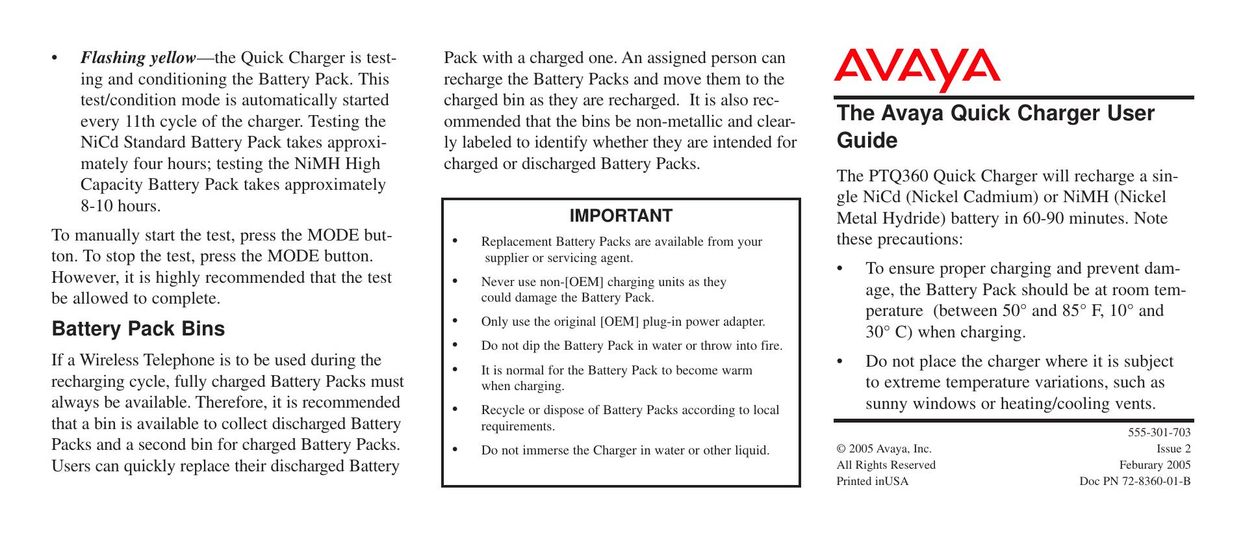 Avaya PTQ360 Battery Charger User Manual