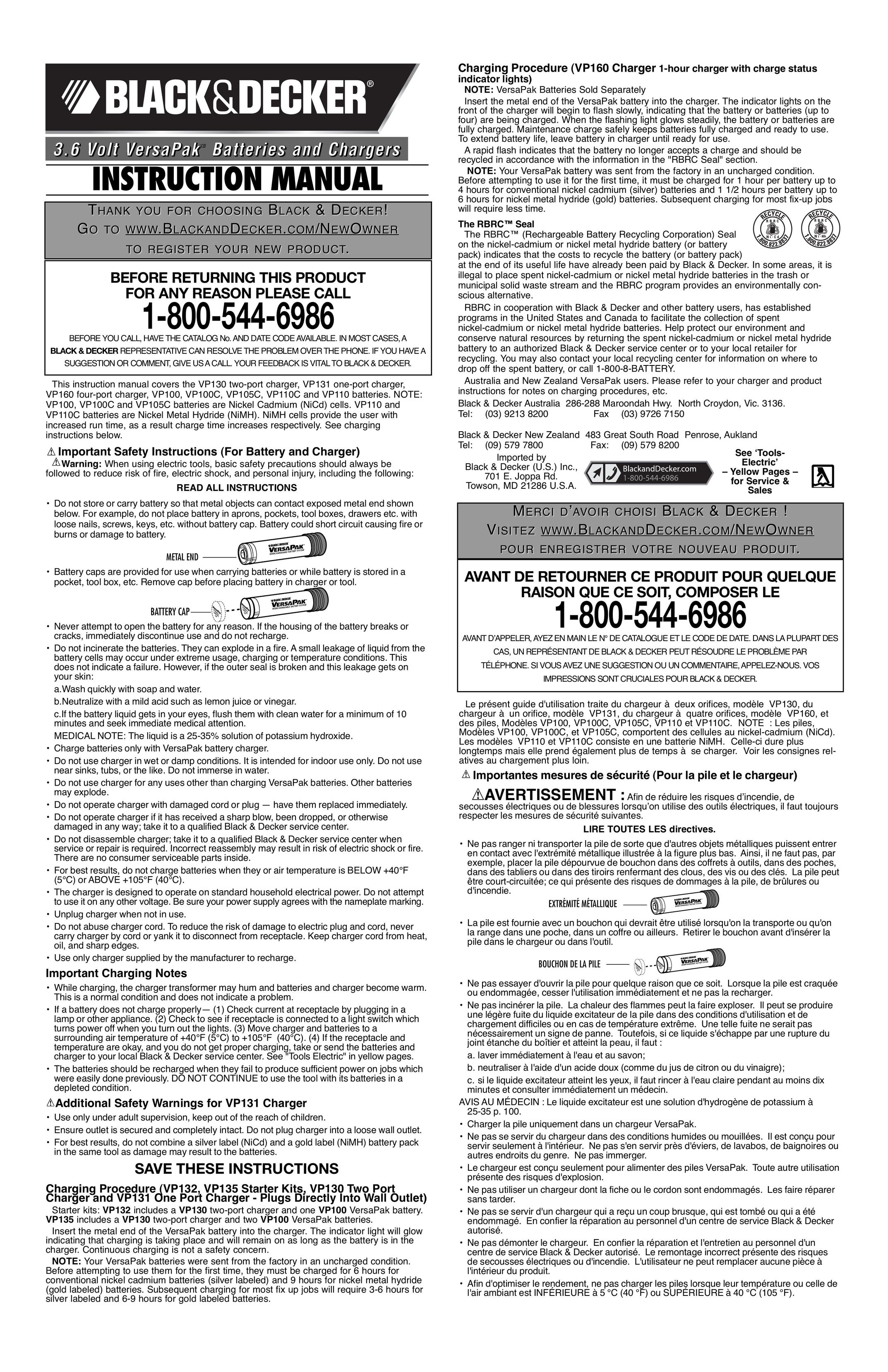 Black & Decker VP105C Battery Charger User Manual
