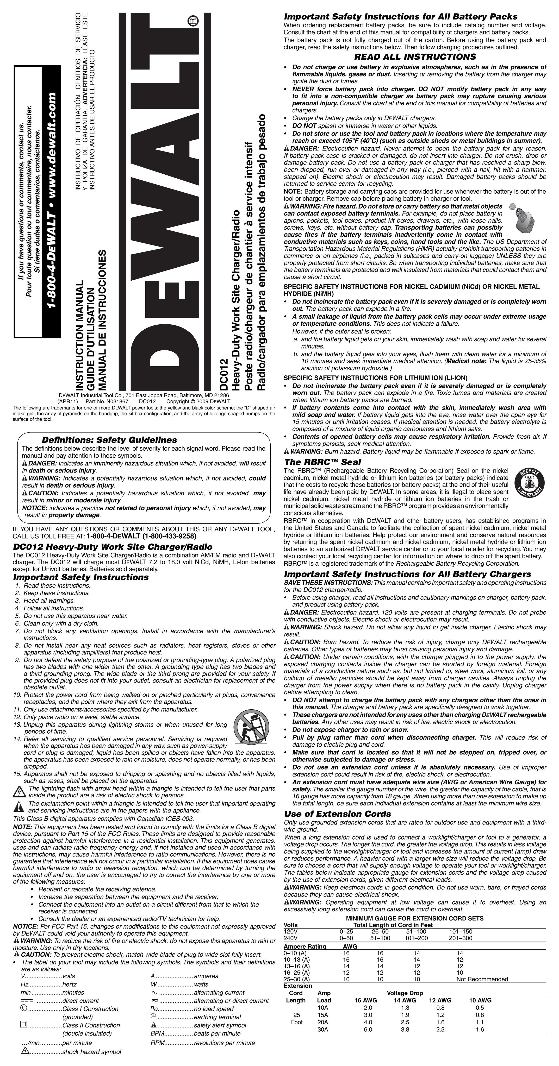 DeWalt DC012 Battery Charger User Manual