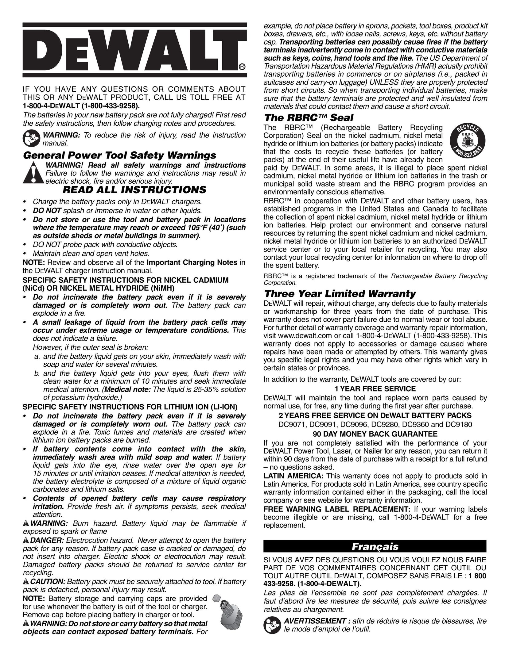 DeWalt DC9180 Battery Charger User Manual