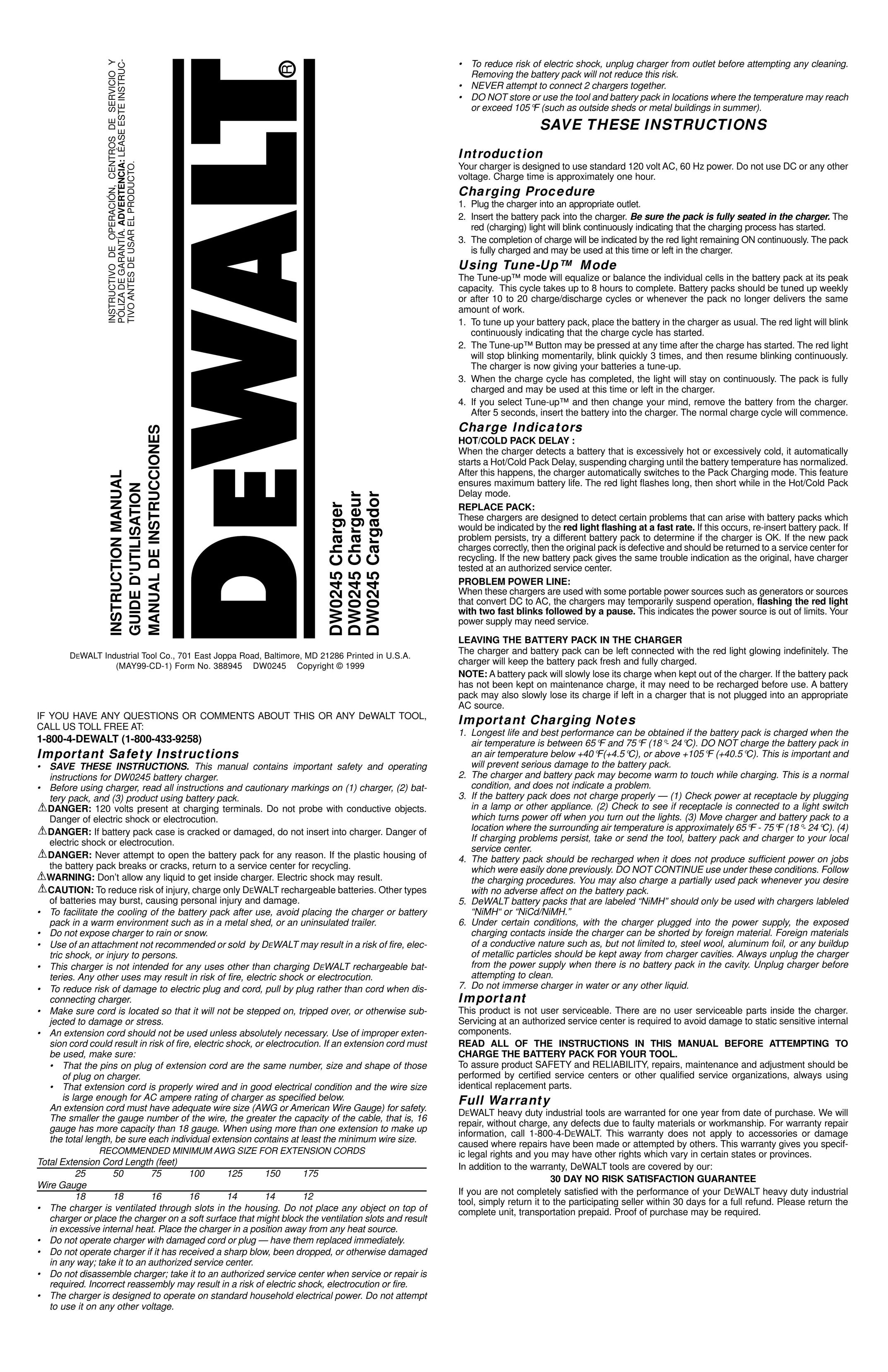 DeWalt DW0245 Battery Charger User Manual