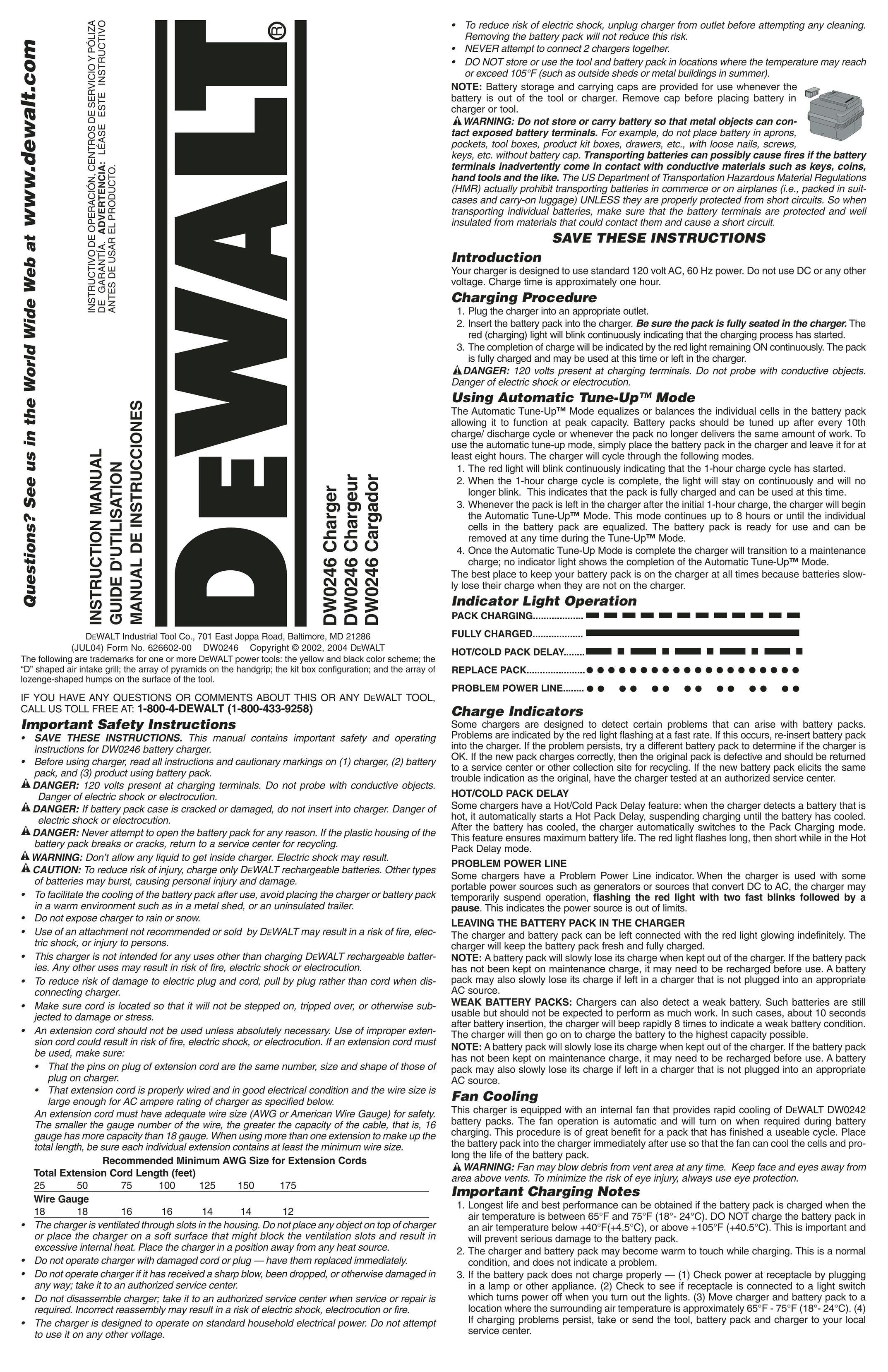 DeWalt DW0246 Battery Charger User Manual