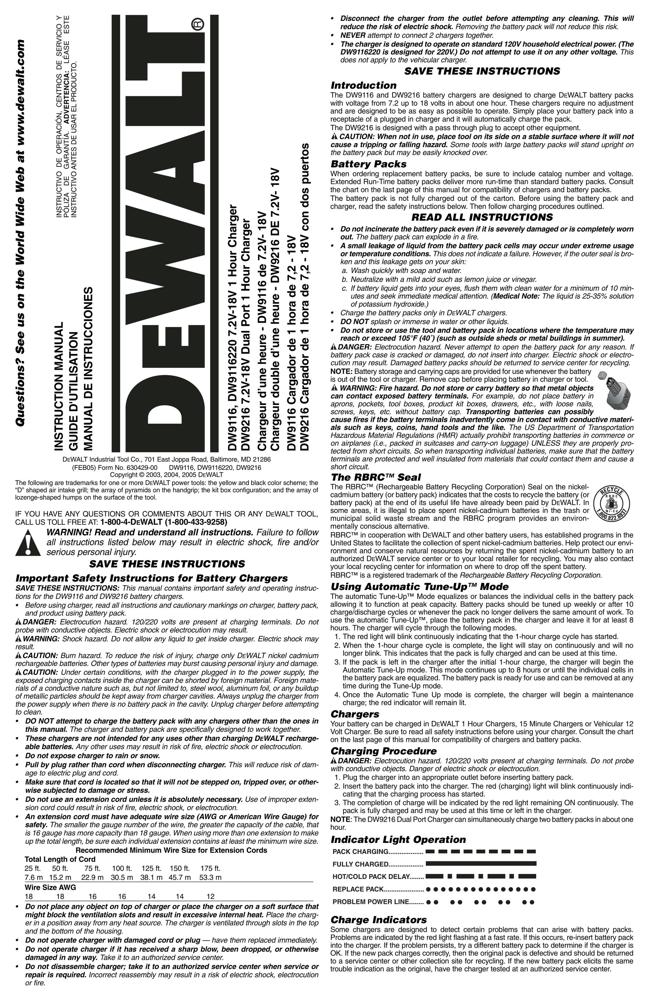 DeWalt DW9216 Battery Charger User Manual