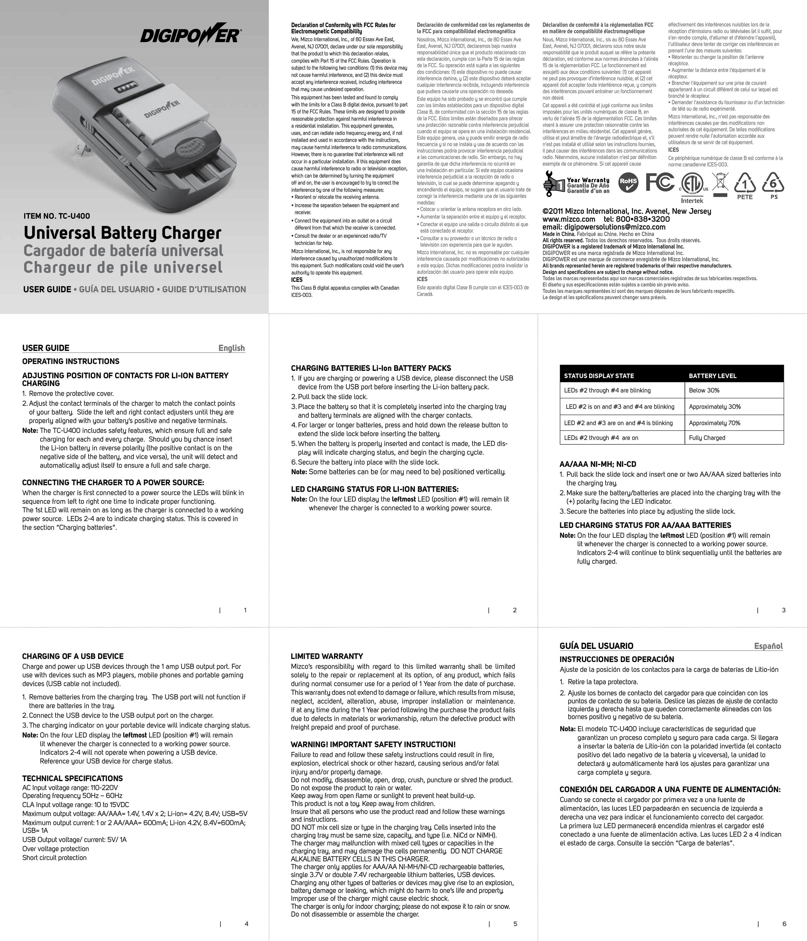 DigiPower TC-U400 Battery Charger User Manual