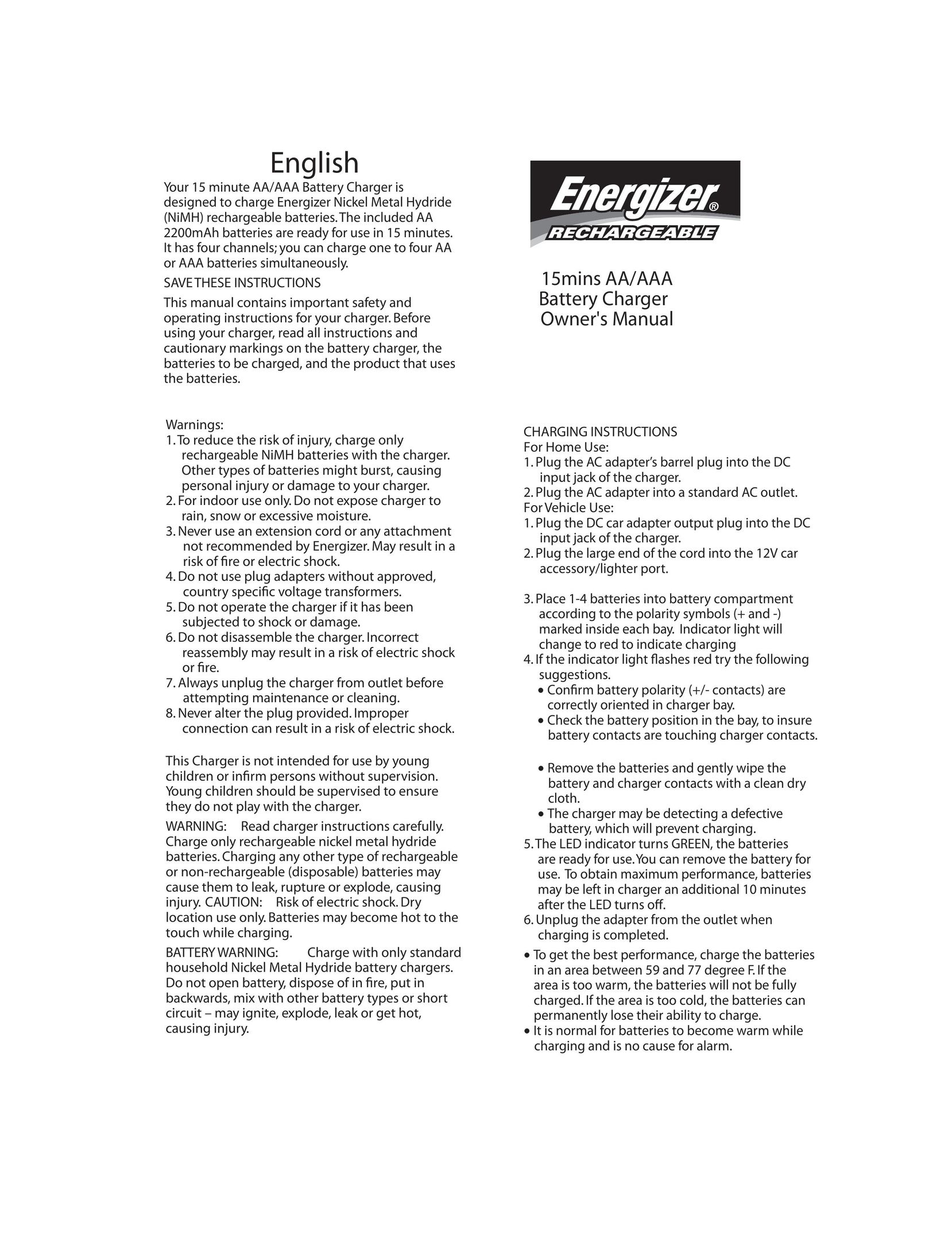 Energizer Battery Charger Battery Charger User Manual