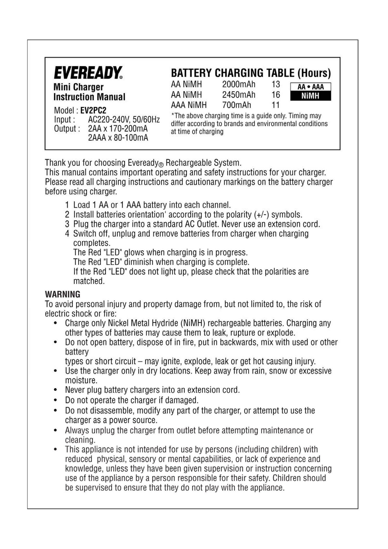Eveready EV2PC2 Battery Charger User Manual