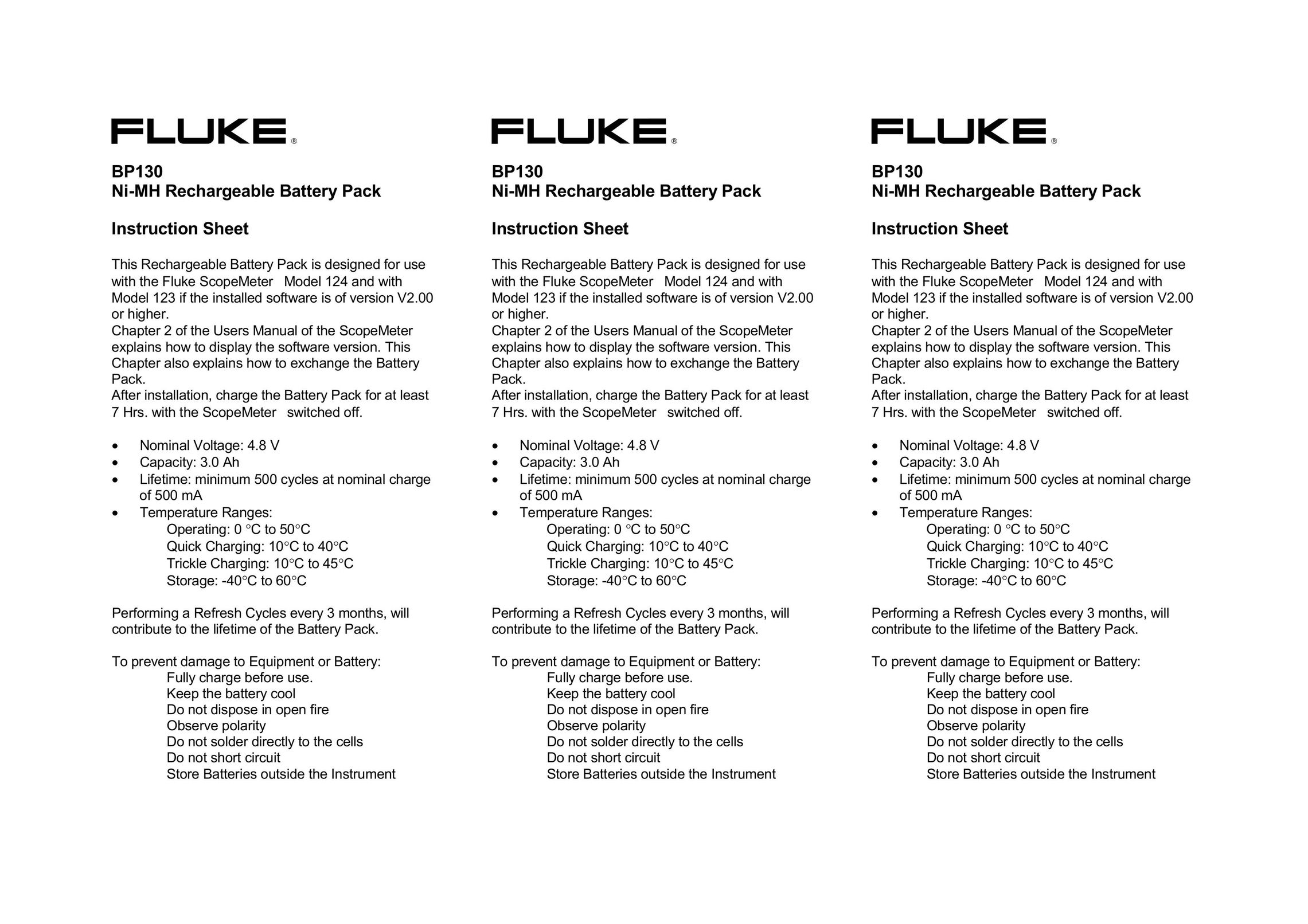 Fluke BP130 Battery Charger User Manual