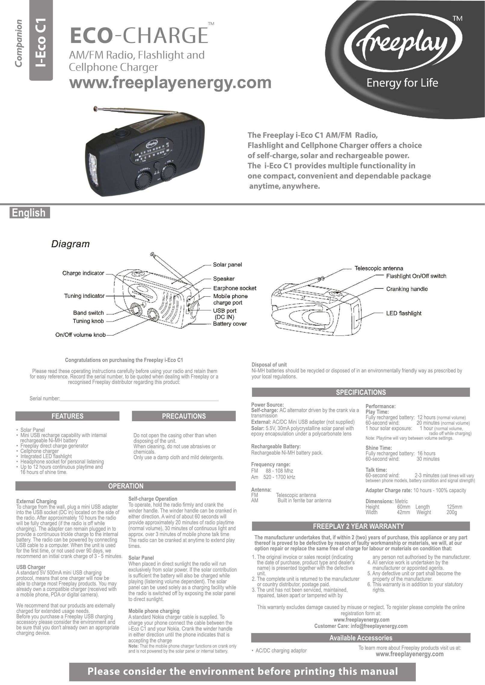 Freeplay Energy I-ECO-C1 Battery Charger User Manual