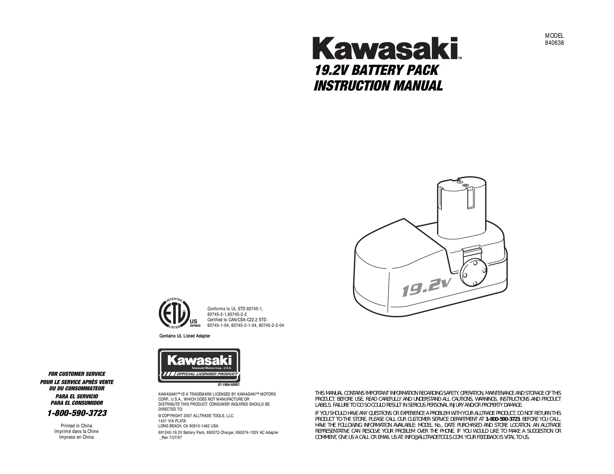 Kawasaki 840638 Battery Charger User Manual
