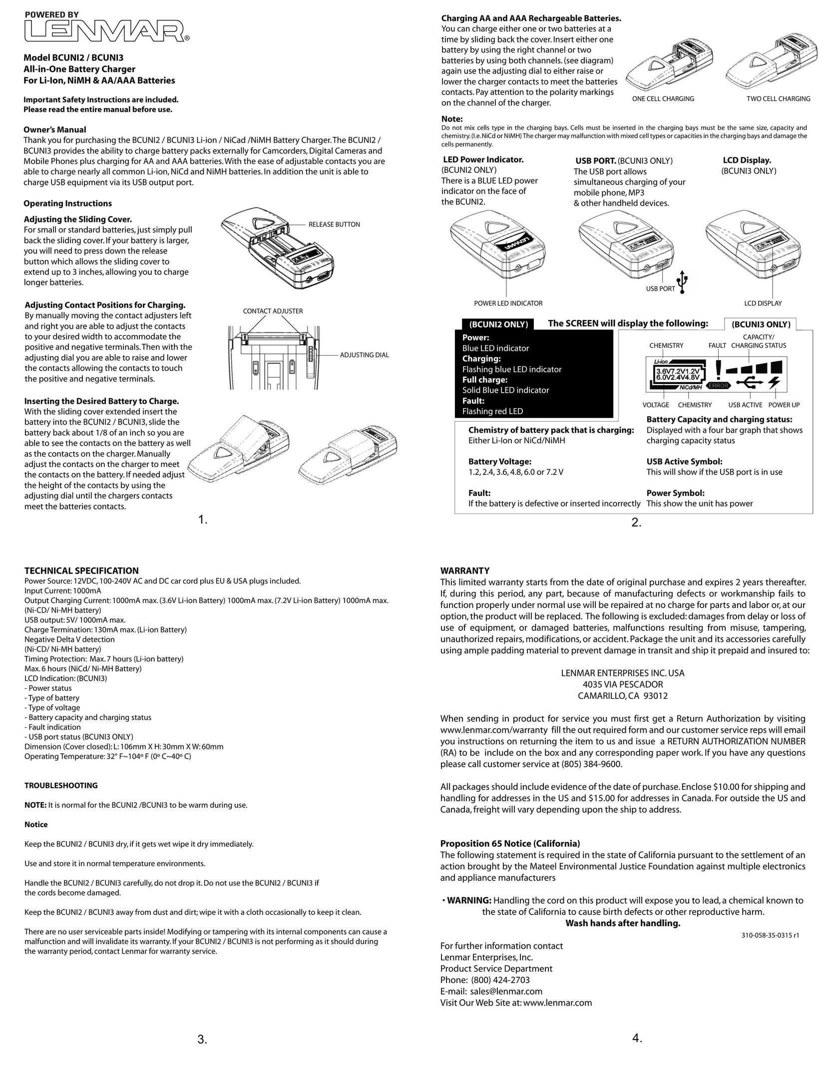 Lenmar Enterprises BCUNI3 Battery Charger User Manual