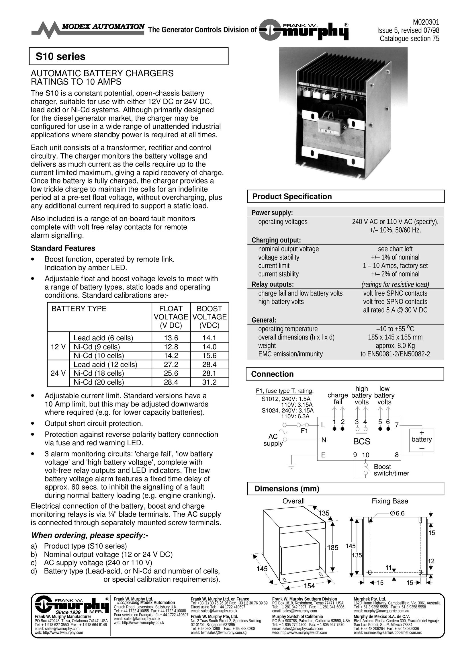 Murphy S10 Series Battery Charger User Manual