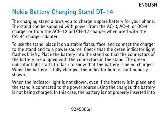 Nokia 9245866/1 Battery Charger User Manual