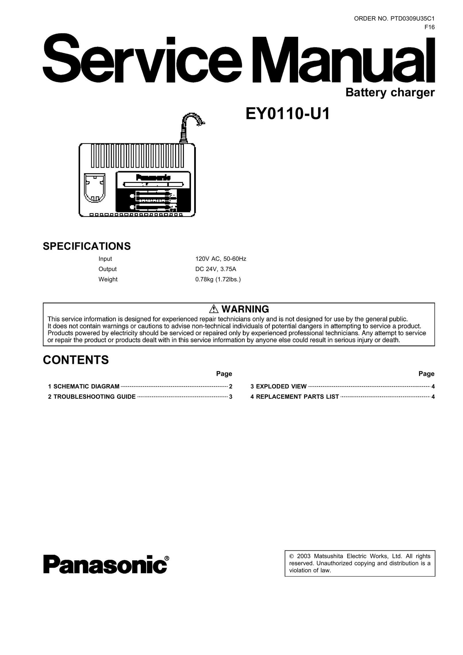 Panasonic EY0110-U1 Battery Charger User Manual