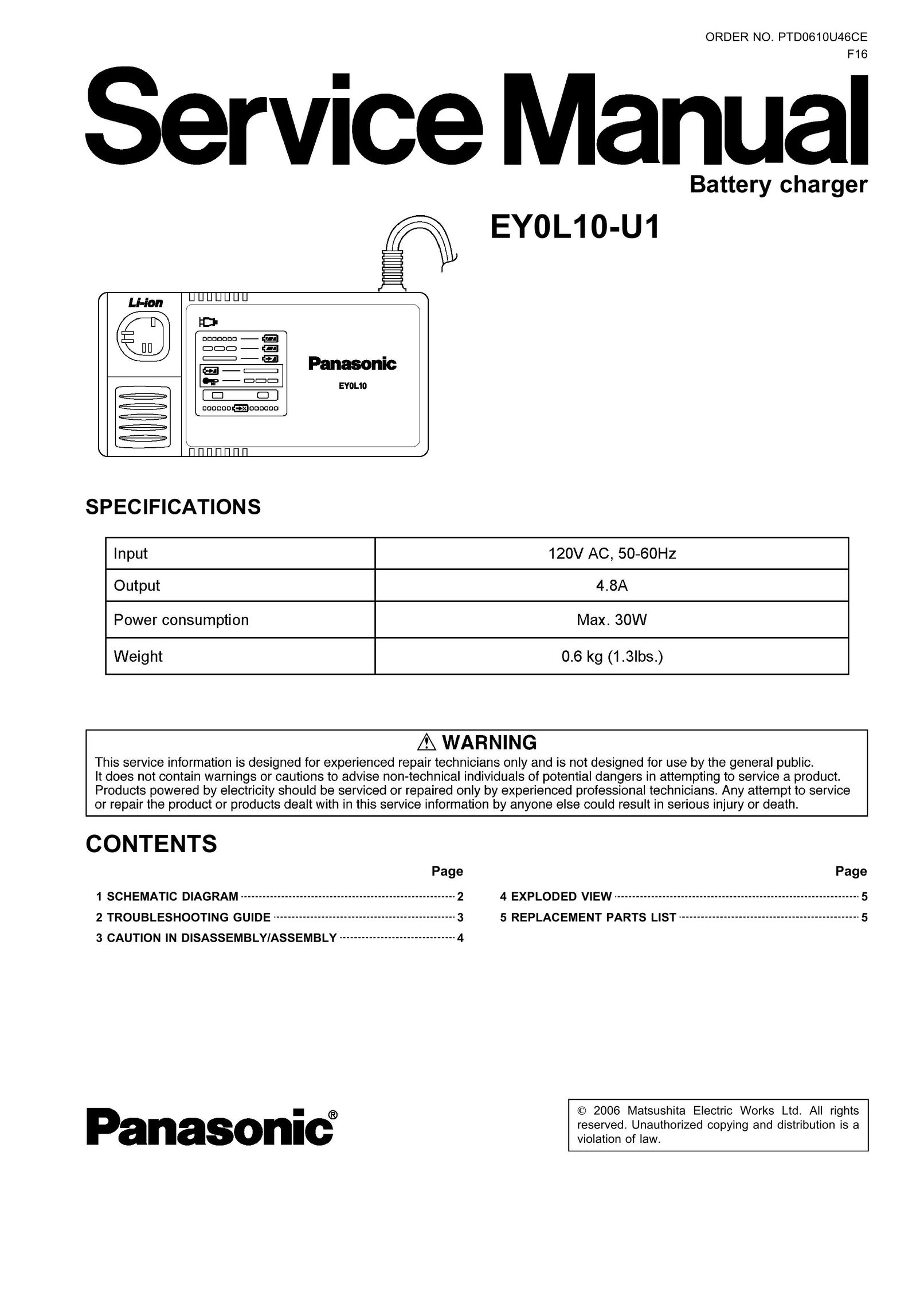 Panasonic EY0L10-U1 Battery Charger User Manual