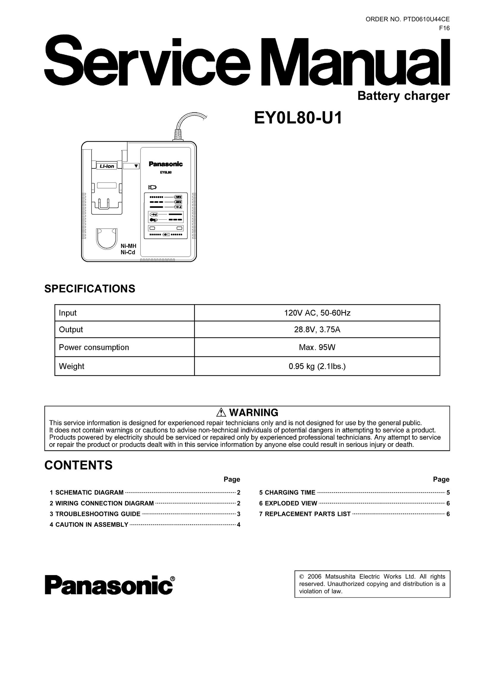 Panasonic EY0L80-U1 Battery Charger User Manual