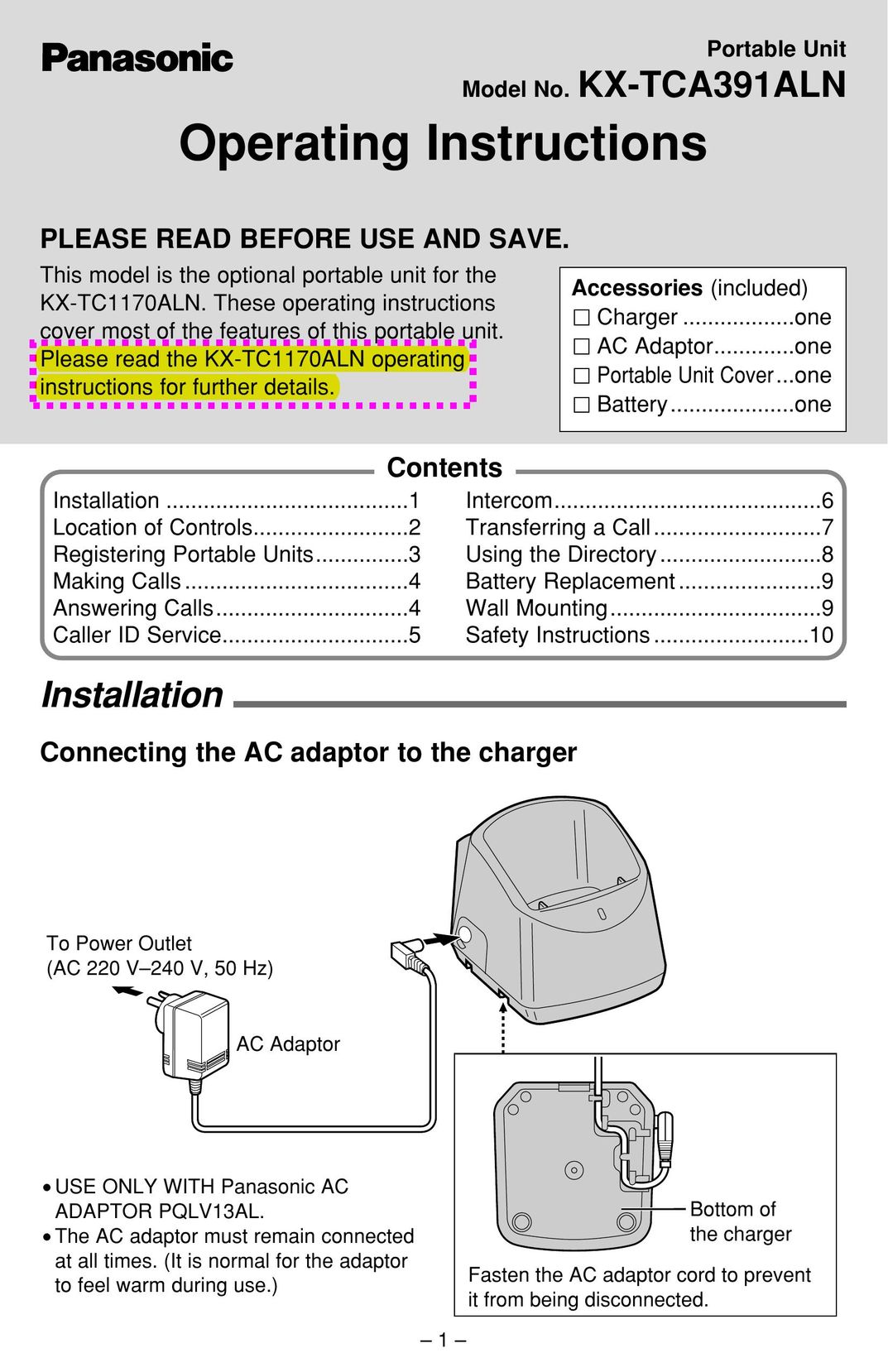 Panasonic KX-TCA391ALN Battery Charger User Manual