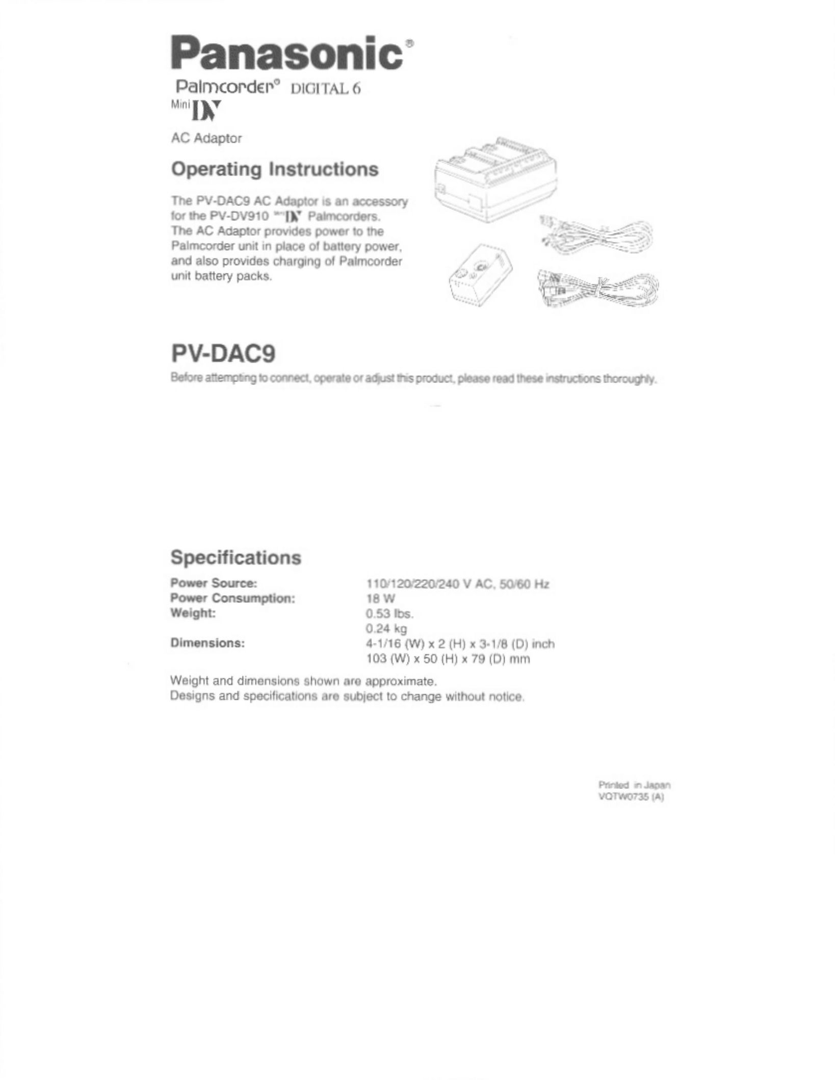 Panasonic PV DAC9 Battery Charger User Manual