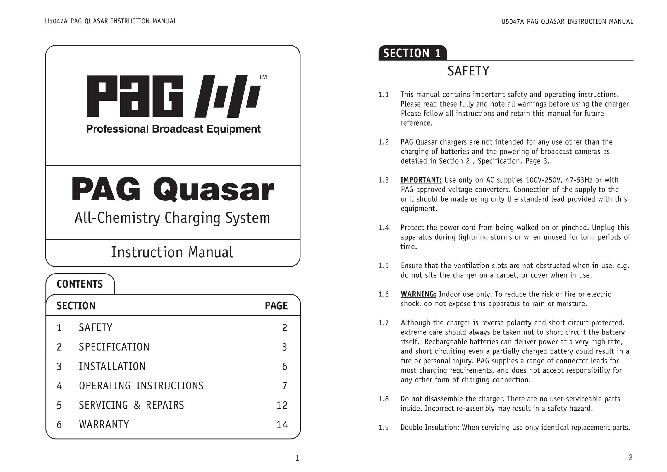 Quasar PAG Battery Charger User Manual