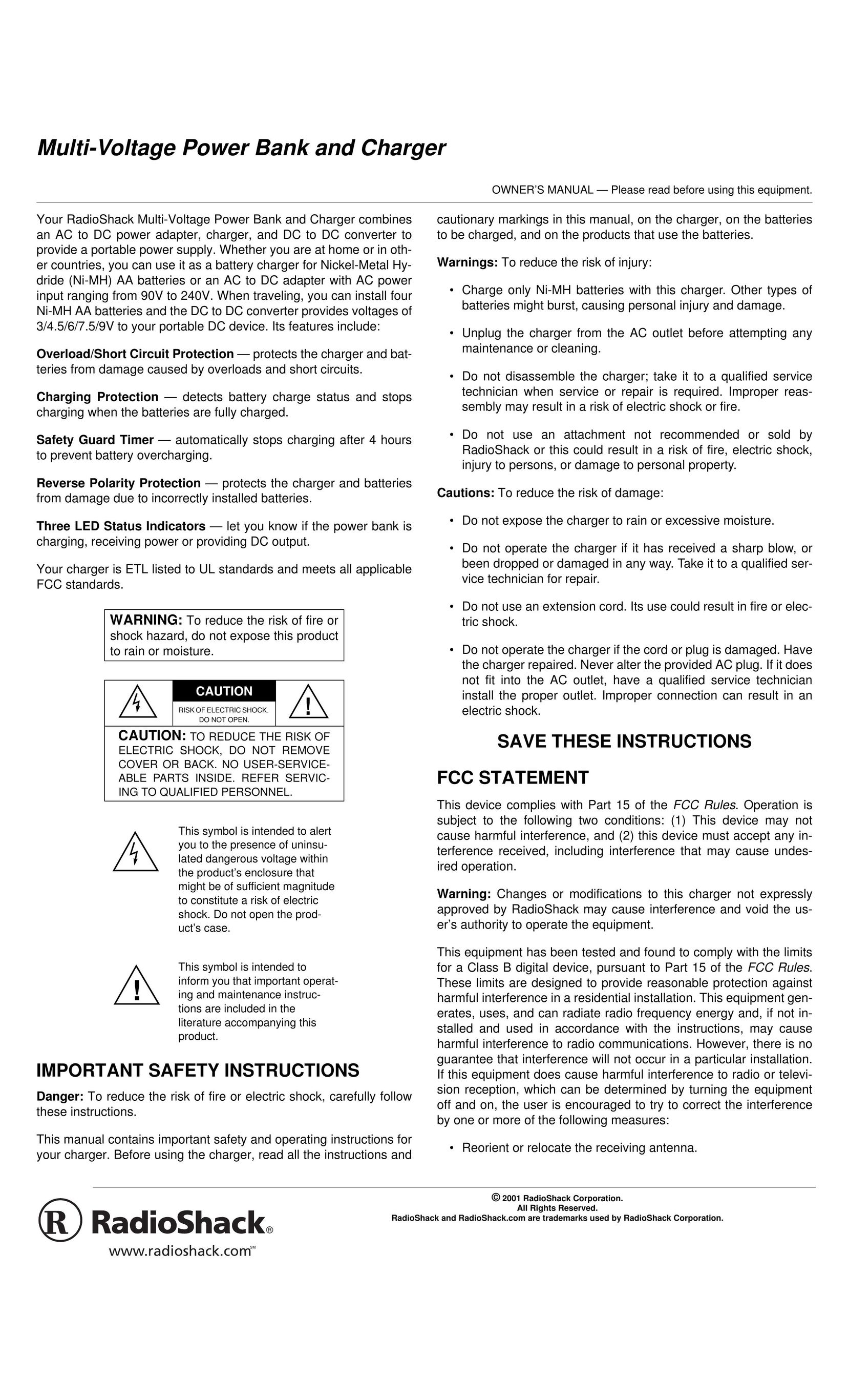 Radio Shack 08A01 Battery Charger User Manual