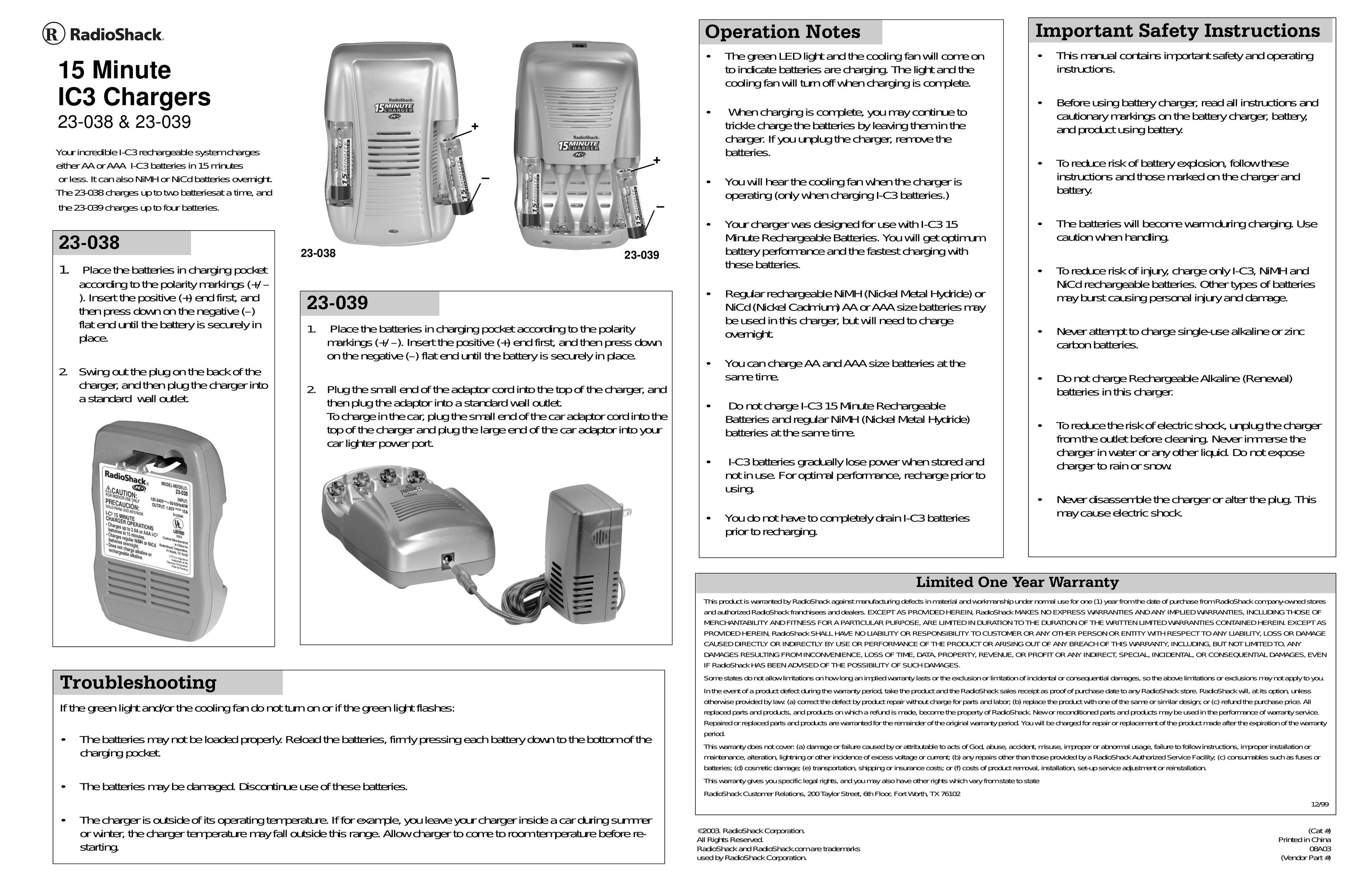 Radio Shack 23-038 Battery Charger User Manual