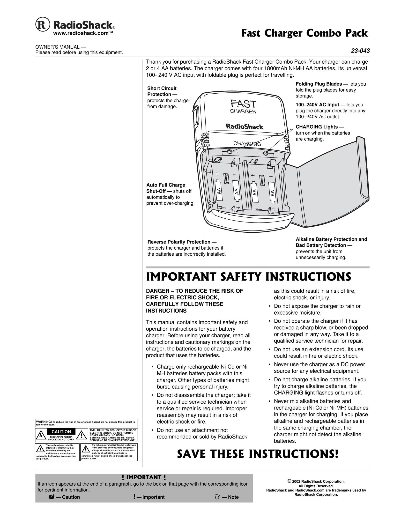 Radio Shack 23-043 Battery Charger User Manual