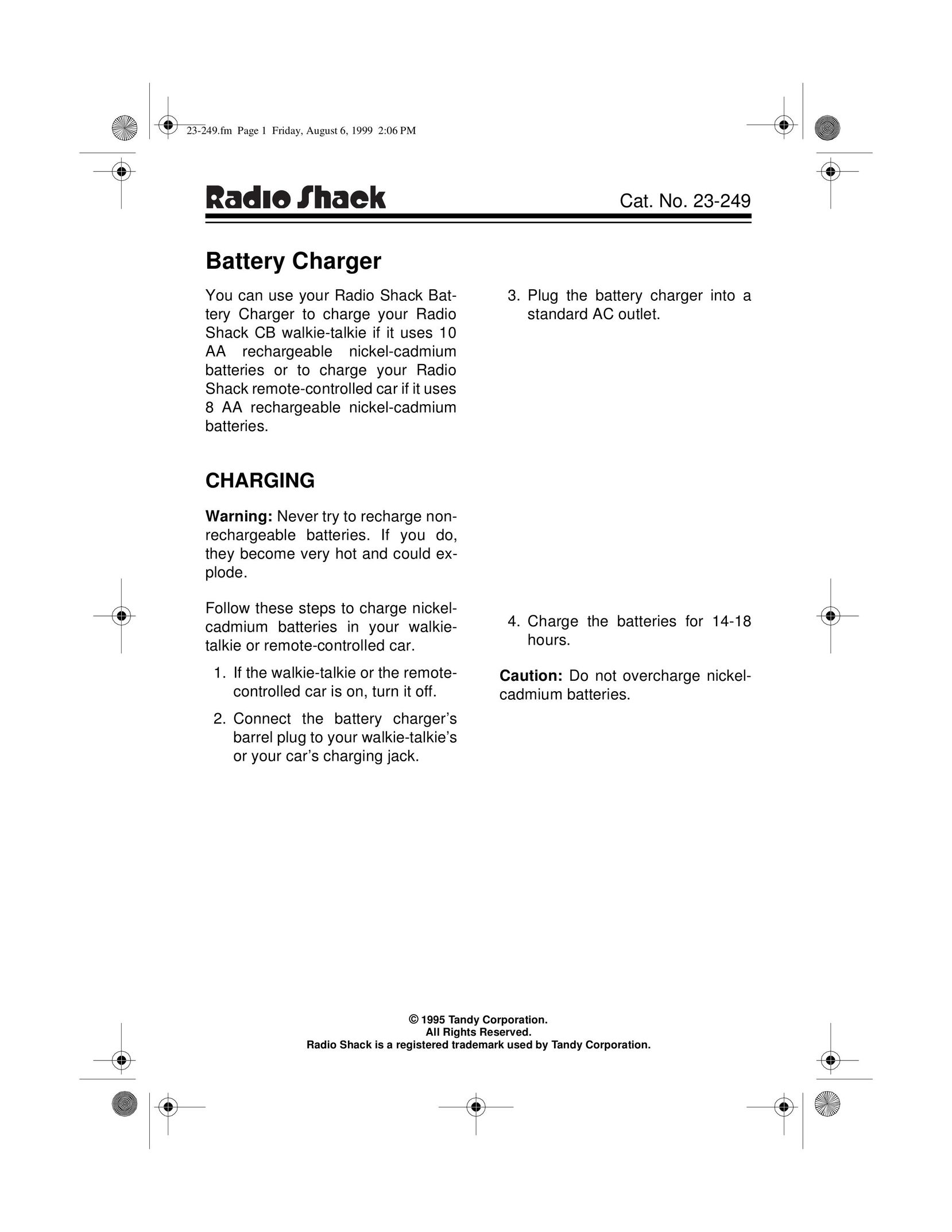 Radio Shack 23-249 Battery Charger User Manual