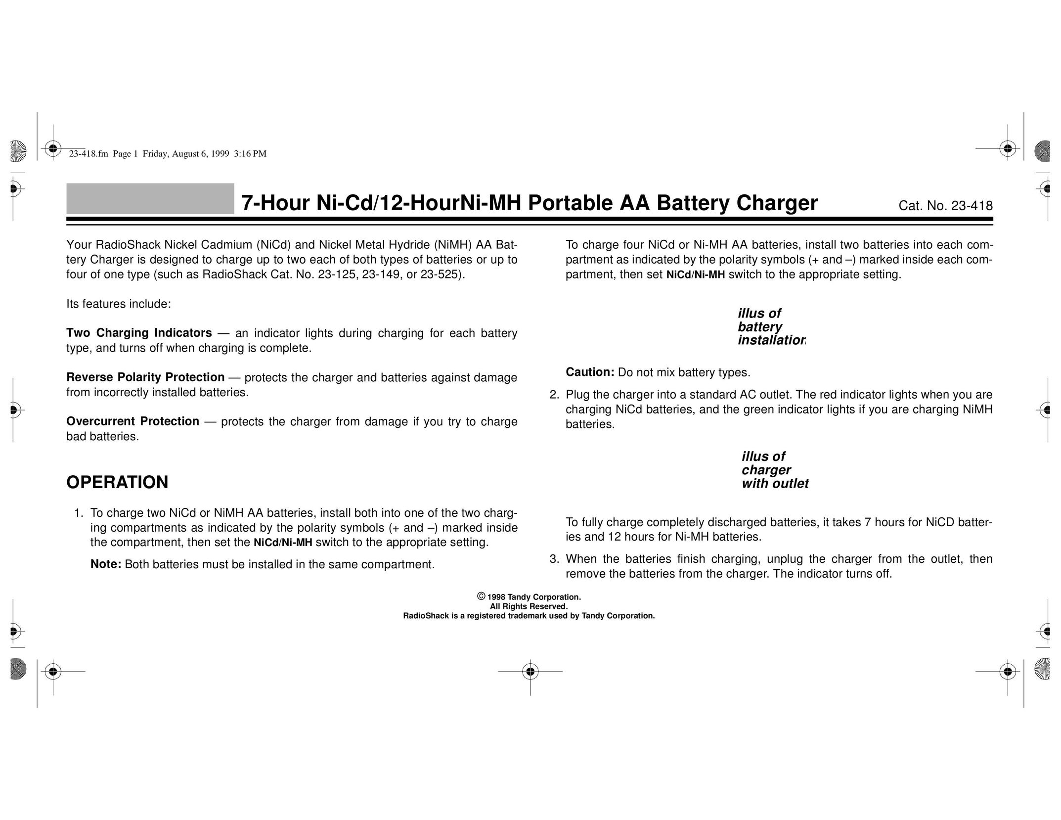 Radio Shack 23-418 Battery Charger User Manual