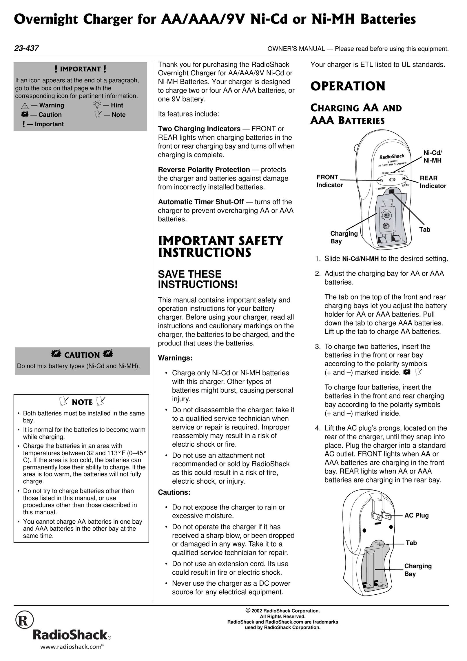 Radio Shack 23-437 Battery Charger User Manual