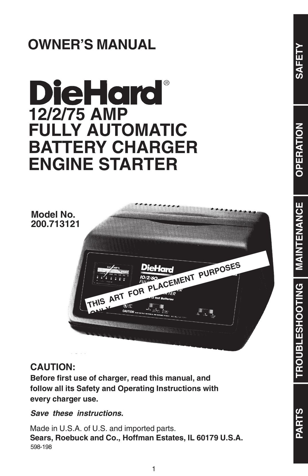 Sears 200.713121 Battery Charger User Manual